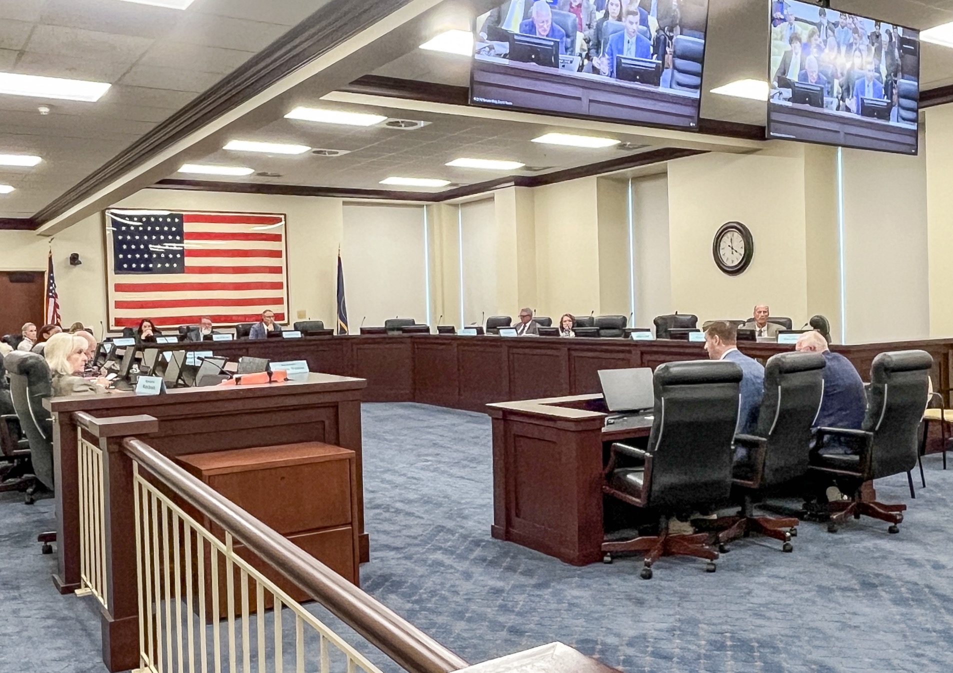 James Owen, Rocky Mountain Power's vice president for environmental, fuels and mining, left, and Rep. Carl Albrecht, R-Richfield, right, present their views on HB72 to House Public Utilities and Energy Committee at the Utah Capitol on Wednesday.