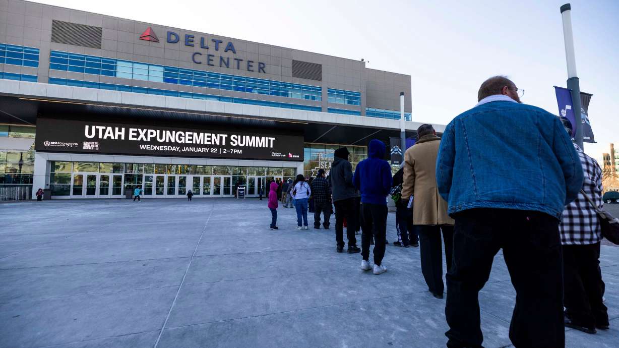 People line up to get into the Delta Center during the 2025 Utah Expungement Summit in Salt Lake City on Wednesday.
