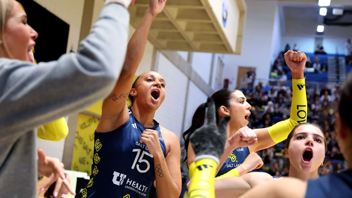 LOVB Salt Lake celebrates a point scored against LOVB Houston during a League One Volleyball match at Salt Lake Community College’s Bruin Arena in Taylorsville on Wednesday, Jan. 22, 2025.