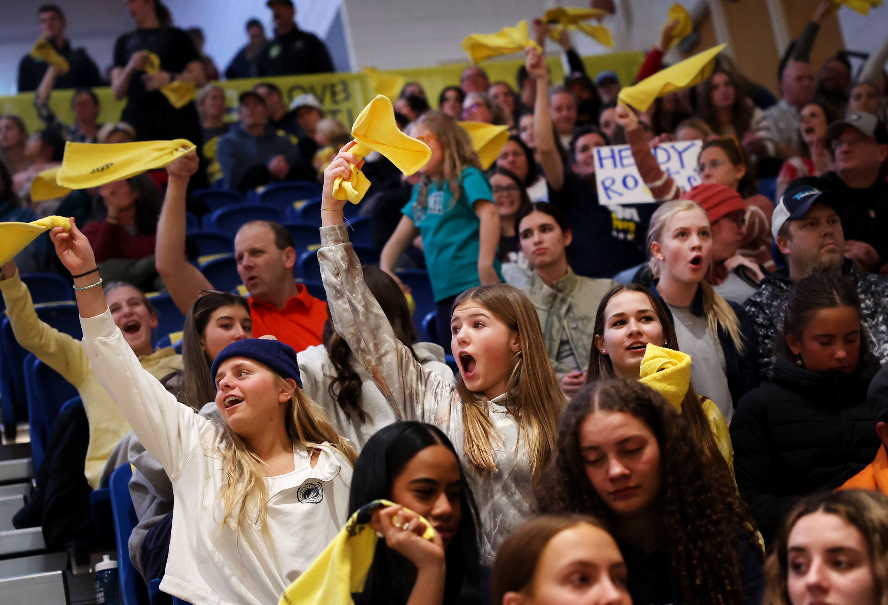 Fans cheer during the LOVB Salt Lake and LOVB Houston  League One Volleyball match at Salt Lake Community College’s Bruin Arena in Taylorsville on Wednesday, Jan. 22, 2025.