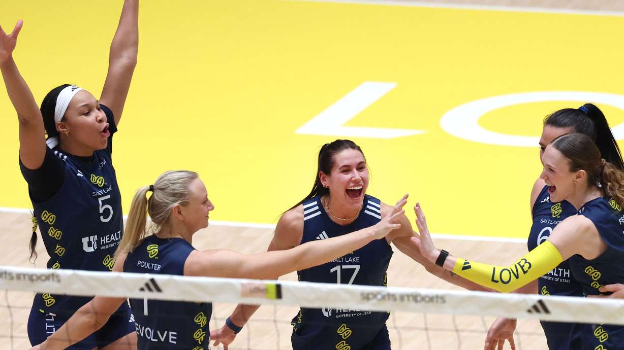 LOVB Salt Lake celebrates a point scored against LOVB Houston during a League One Volleyball match at Salt Lake Community College’s Bruin Arena in Taylorsville on Wednesday, Jan. 22, 2025.