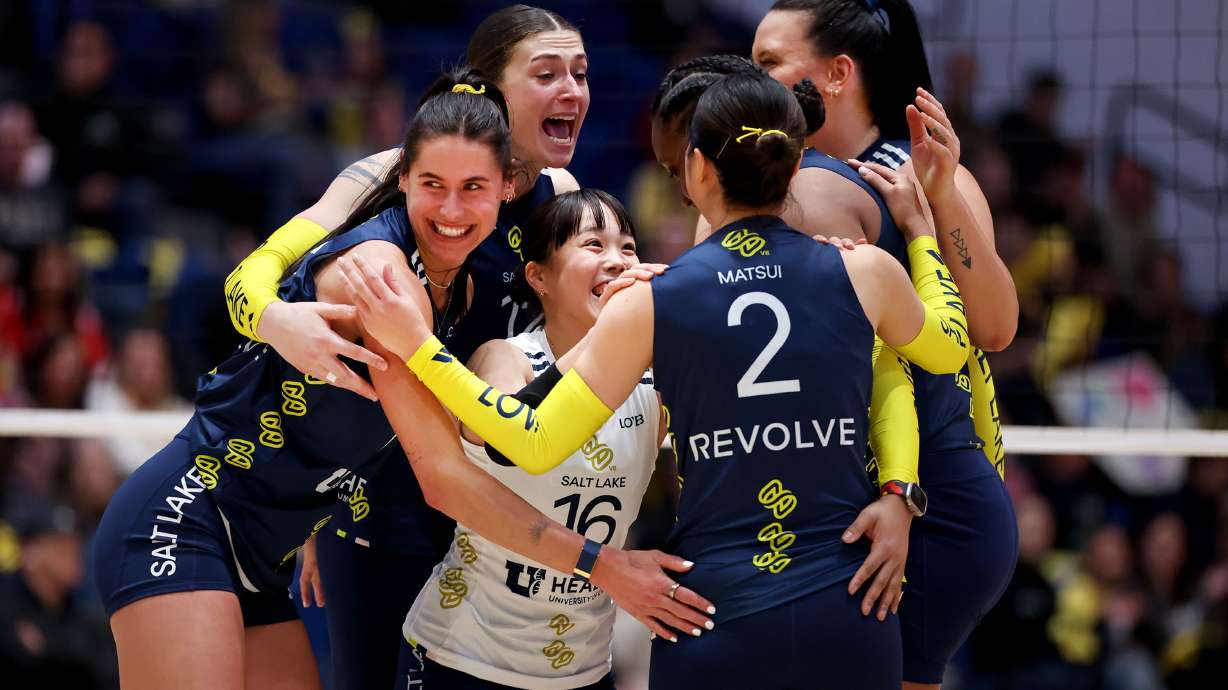 LOVB Salt Lake celebrates a point scored against LOVB Houston during a League One Volleyball match at Salt Lake Community College’s Bruin Arena in Taylorsville on Wednesday, Jan. 22, 2025.