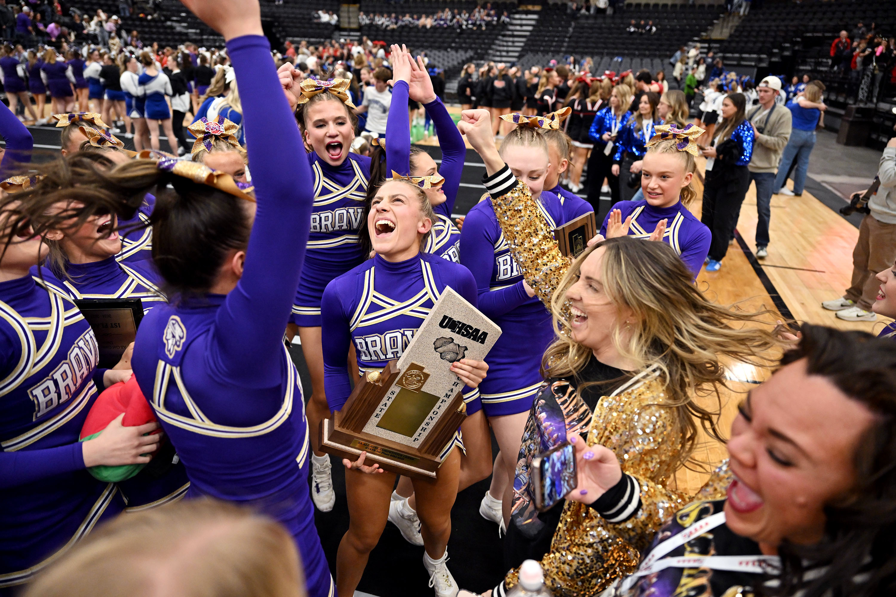 North Summit cheerleaders celebrate their All Girl state win as cheerleading teams from 1A and 2A compete at UVU in Orem on Wednesday, January 22, 2025.