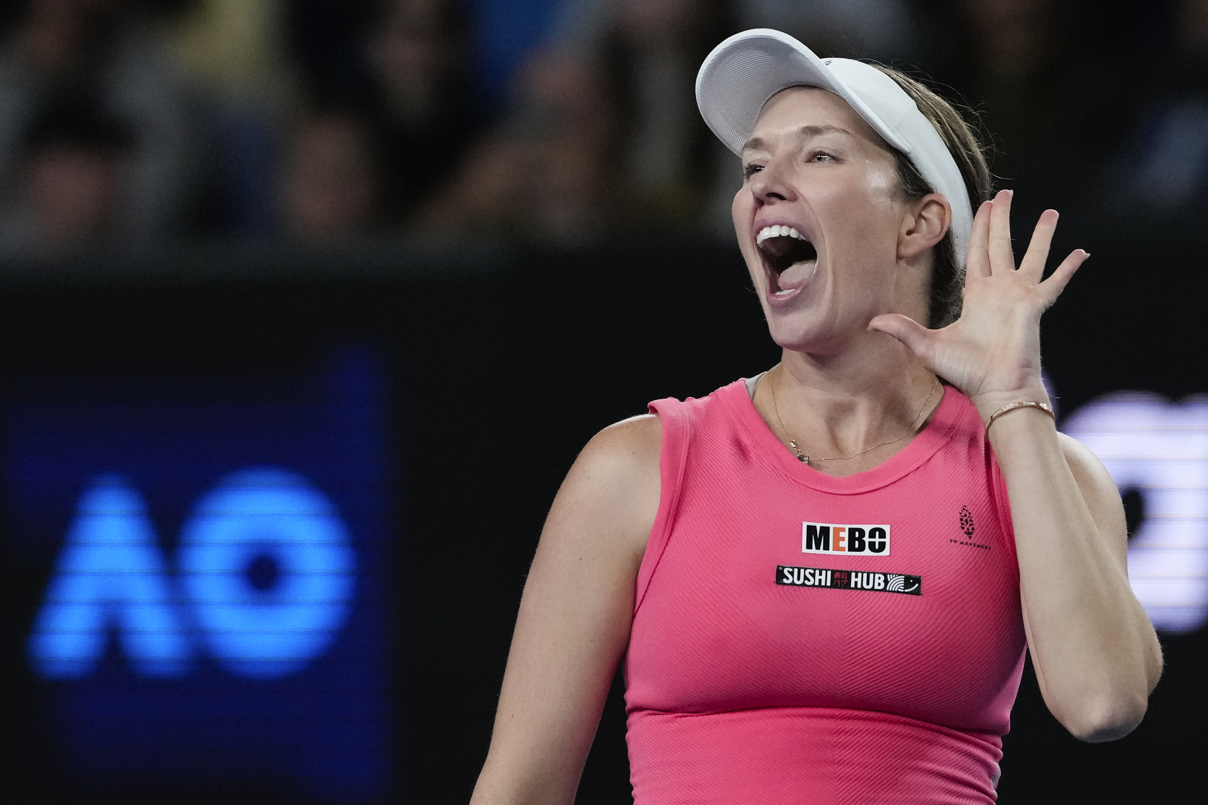 Danielle Collins of the U.S. reacts after defeating Destanee Aiava of Australia in their second round match at the Australian Open tennis championship in Melbourne, Australia, Thursday, Jan. 16, 2025.