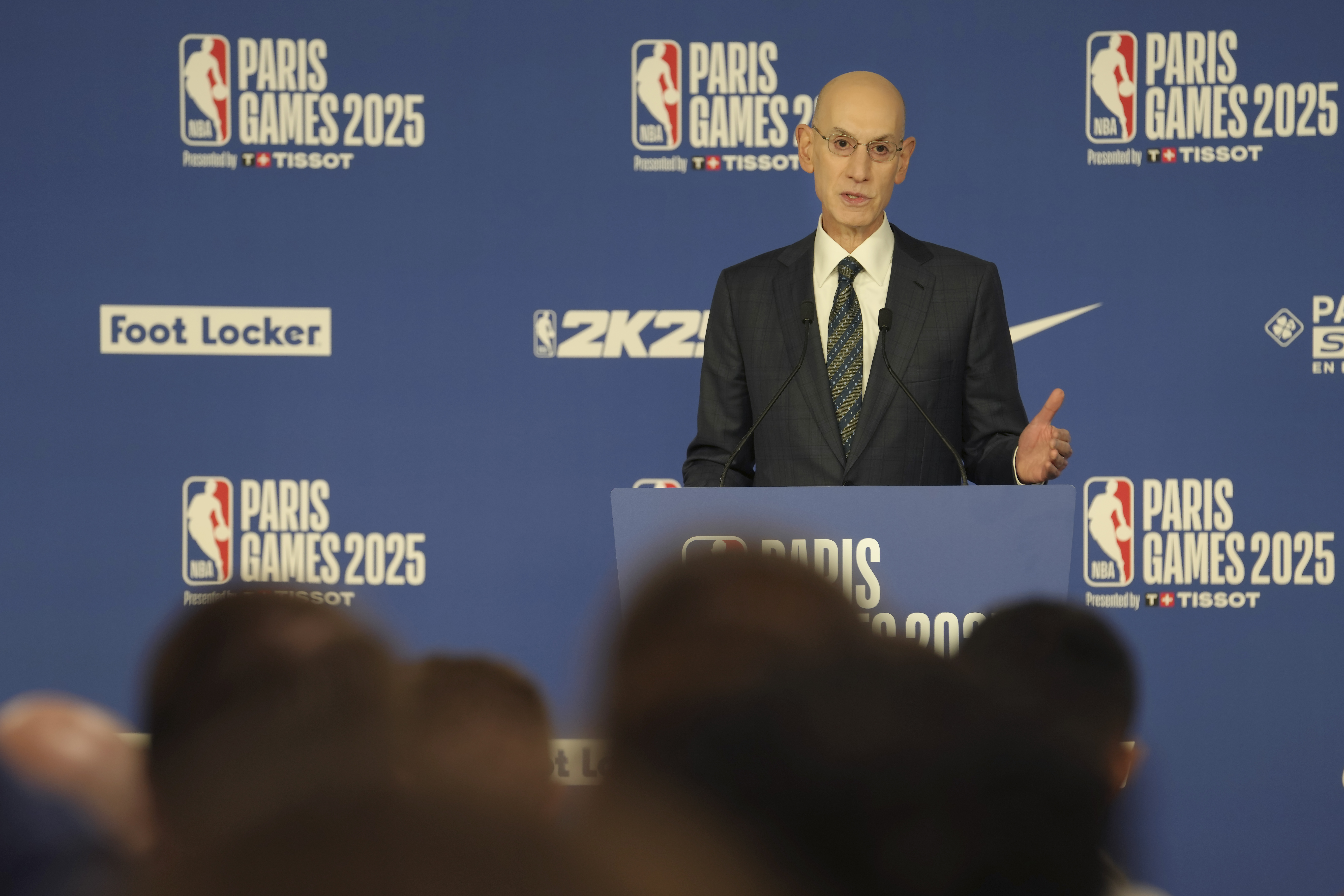 NBA Commissioner Adam Silver speaks at a news conference before a Paris Games 2025 NBA basketball game between the Indiana Pacers and the San Antonio Spurs in Paris, Thursday, Jan. 23, 2025.