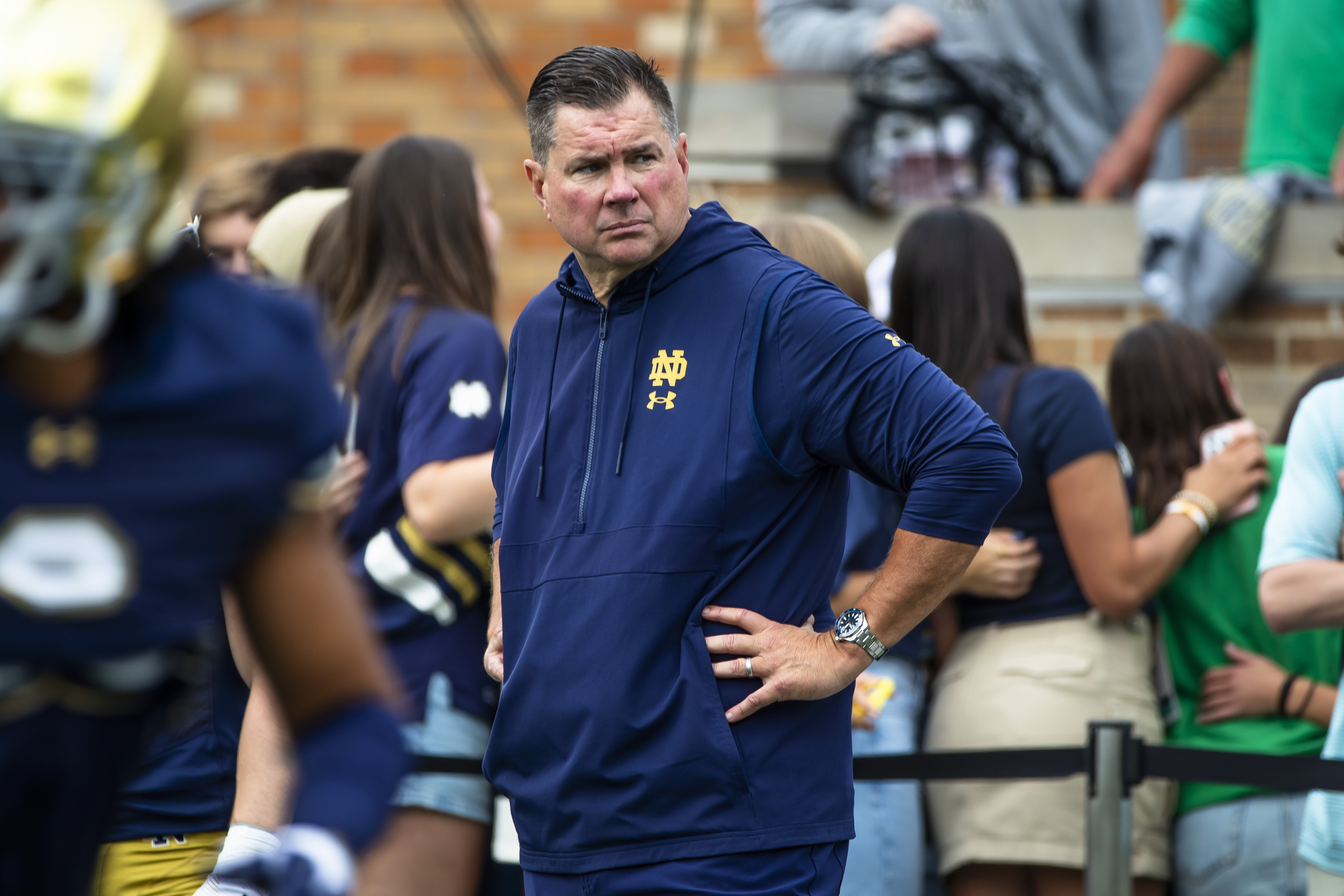 FILE - Notre Dame defensive coordinator Al Golden surveys the field before an NCAA college football game against Stanford, Saturday, Oct. 12, 2024, in South Bend, Ind.