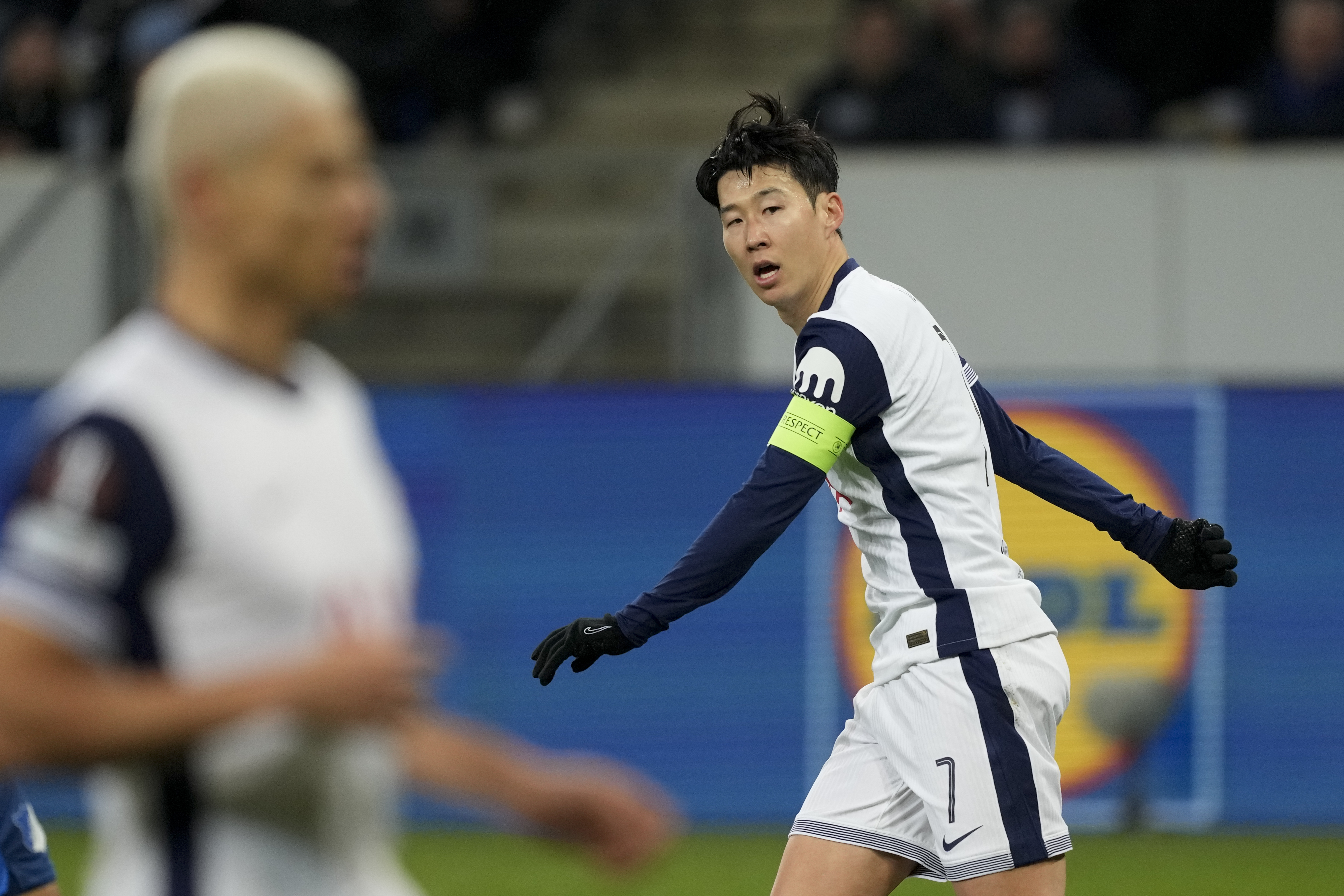 Tottenham's Son Heung-min celebrates after scoring his side's second goal during the Europa League soccer match between Hoffenheim and Tottenham at the PreZero Arena in Sinsheim, Germany, Thursday, Jan. 23, 2025.