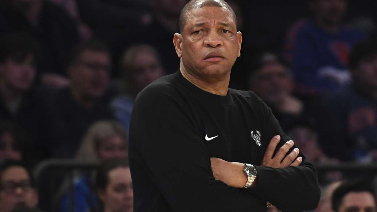 Milwaukee Bucks head coach Doc Rivers stands on the court during the second half of an NBA basketball game against the New York Knicks Sunday, Jan. 12, 2025, in New York.