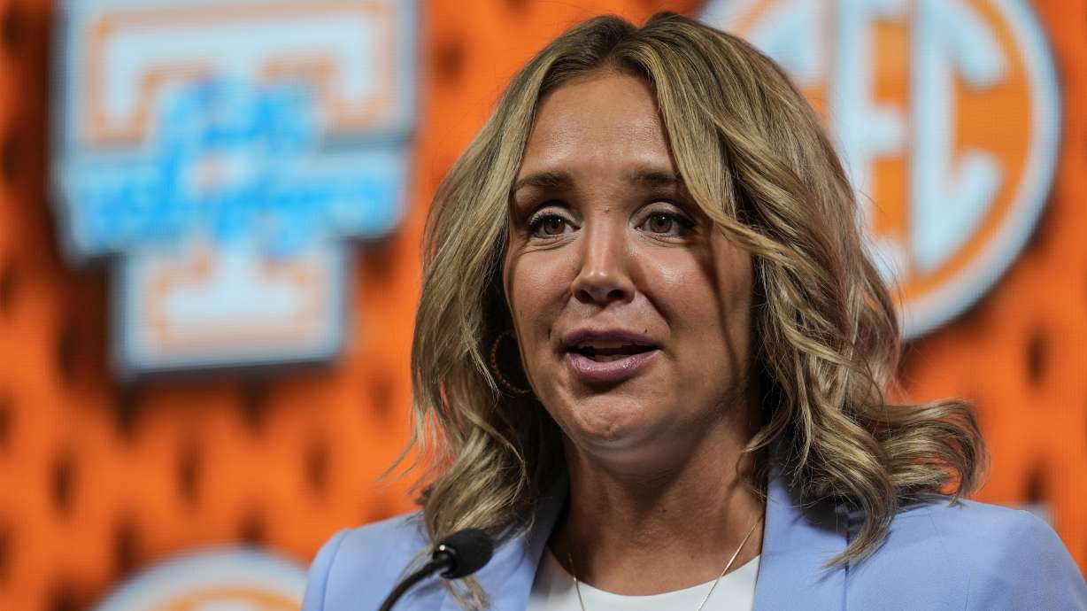 FILE - Tennessee head coach Kim Caldwell speaks during NCAA women's college basketball Southeastern Conference Media Day, Oct. 16, 2024, in Birmingham, Ala.