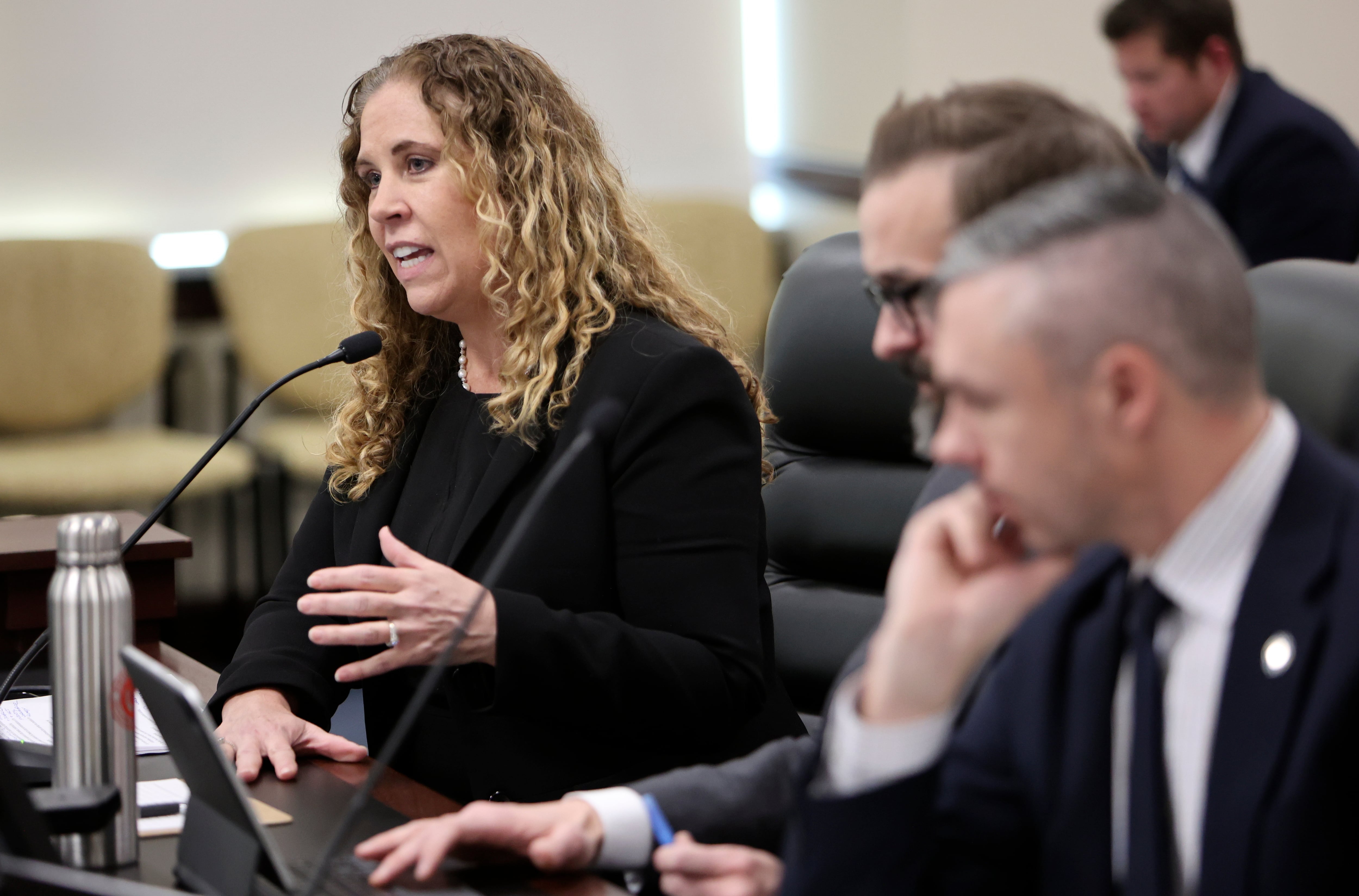 Angie Stallings, Utah System of Higher Education deputy commissioner and chief operating officer, speaks during a meeting with the Higher Education Appropriations Subcommittee about higher education budget in the Senate Building in Salt Lake City on Thursday.