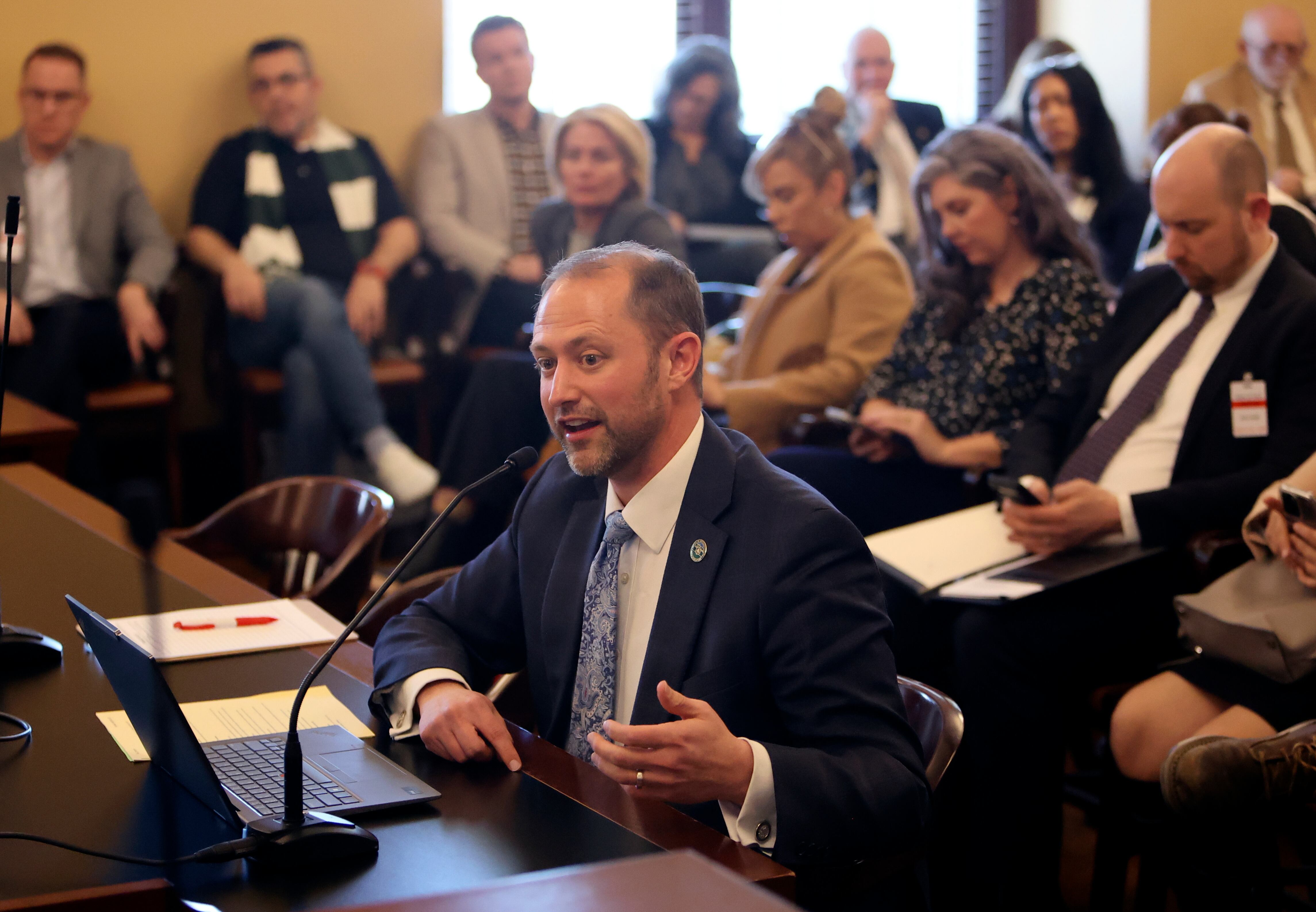 Rep. Jordan Teuscher, R-South Jordan, presents HB0267 Public Sector Labor Union Amendments during a House Business, Labor, and Commerce Committee meeting at the Capitol in Salt Lake City on Thursday. The committee voted to pass the bill.