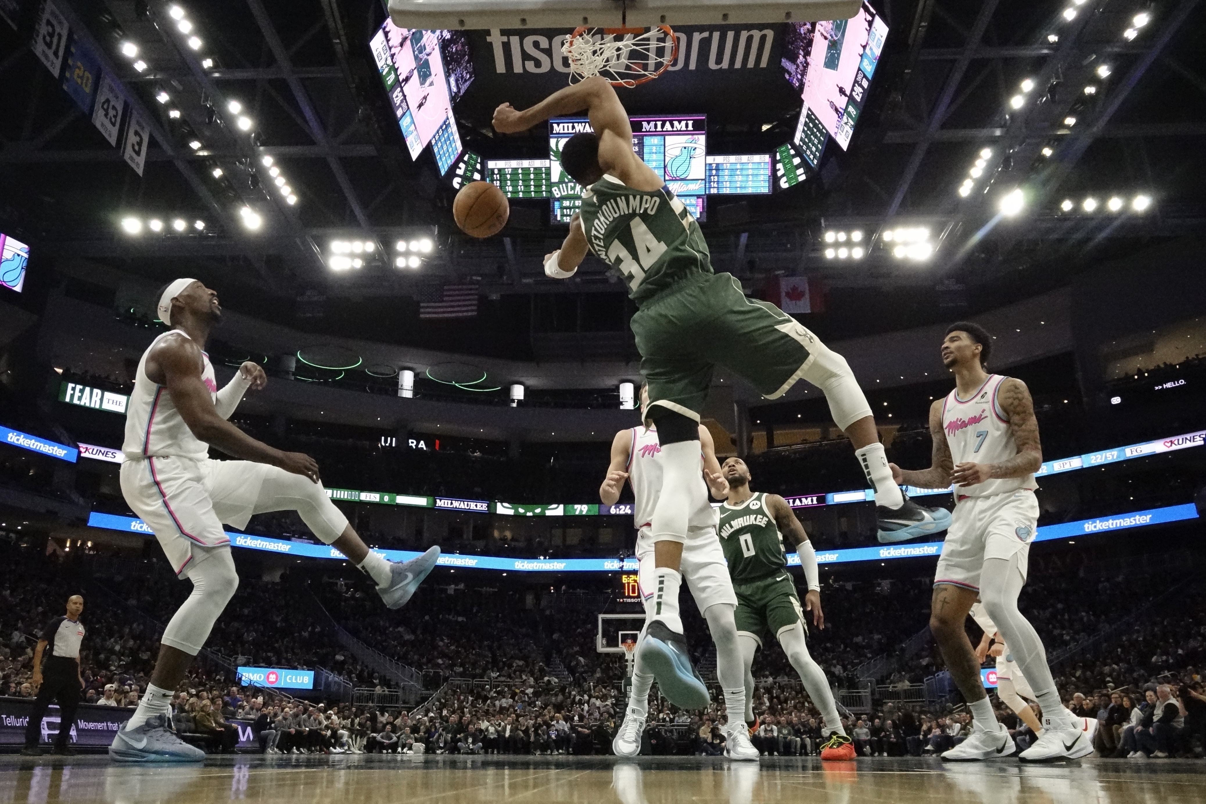 Milwaukee Bucks' Giannis Antetokounmpo dunks during the second half of an NBA basketball game against the Miami Heat Thursday, Jan. 23, 2025, in Milwaukee.