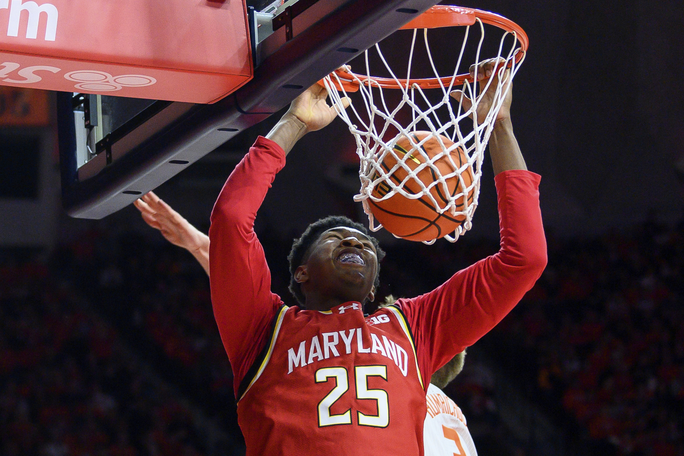 Maryland's Derik Queen dunks during the second half of an NCAA college basketball game against Illinois, Thursday, Jan. 23, 2025, in Champaign, Ill.