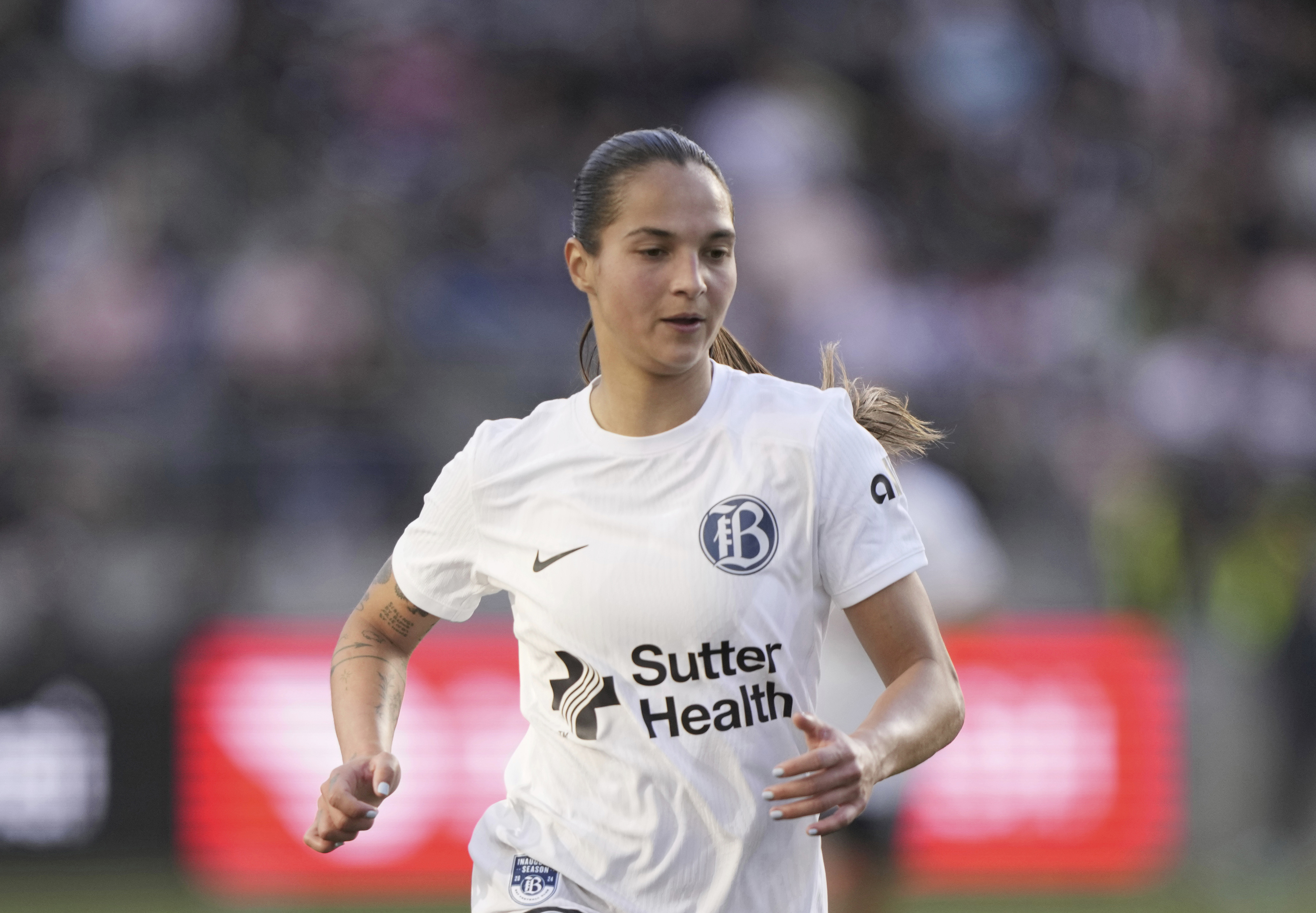 FILE -Bay FC's Deyna Castellanos (10) plays against Angel City FC during an NWSL soccer match, March 17, 2024, in Los Angeles.
