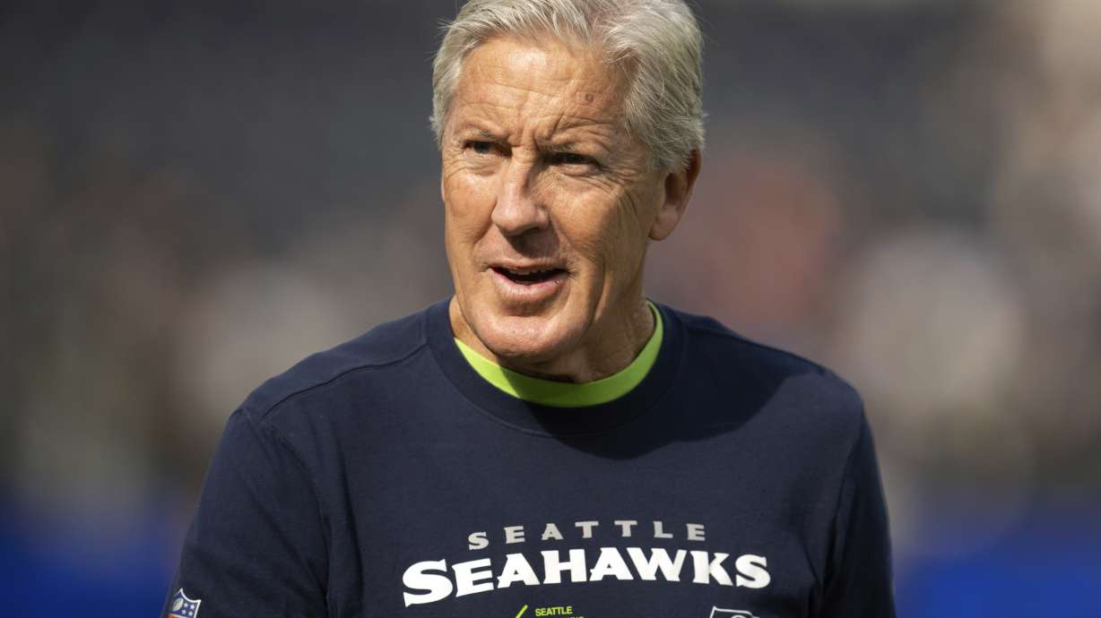 FILE - Seattle Seahawks head coach Pete Carroll looks on before an NFL football game against the Los Angeles Rams, Sunday, Nov. 19, 2023, in Inglewood, Calif.