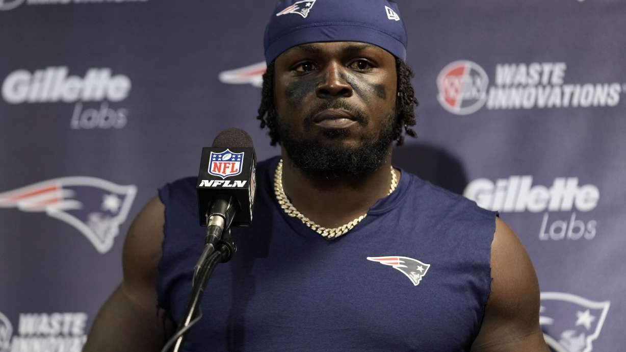 FILE - New England Patriots safety Jabrill Peppers answers questions during a news conference after playing against the New York Jets in an NFL football game, Sept. 19, 2024, in East Rutherford, N.J.