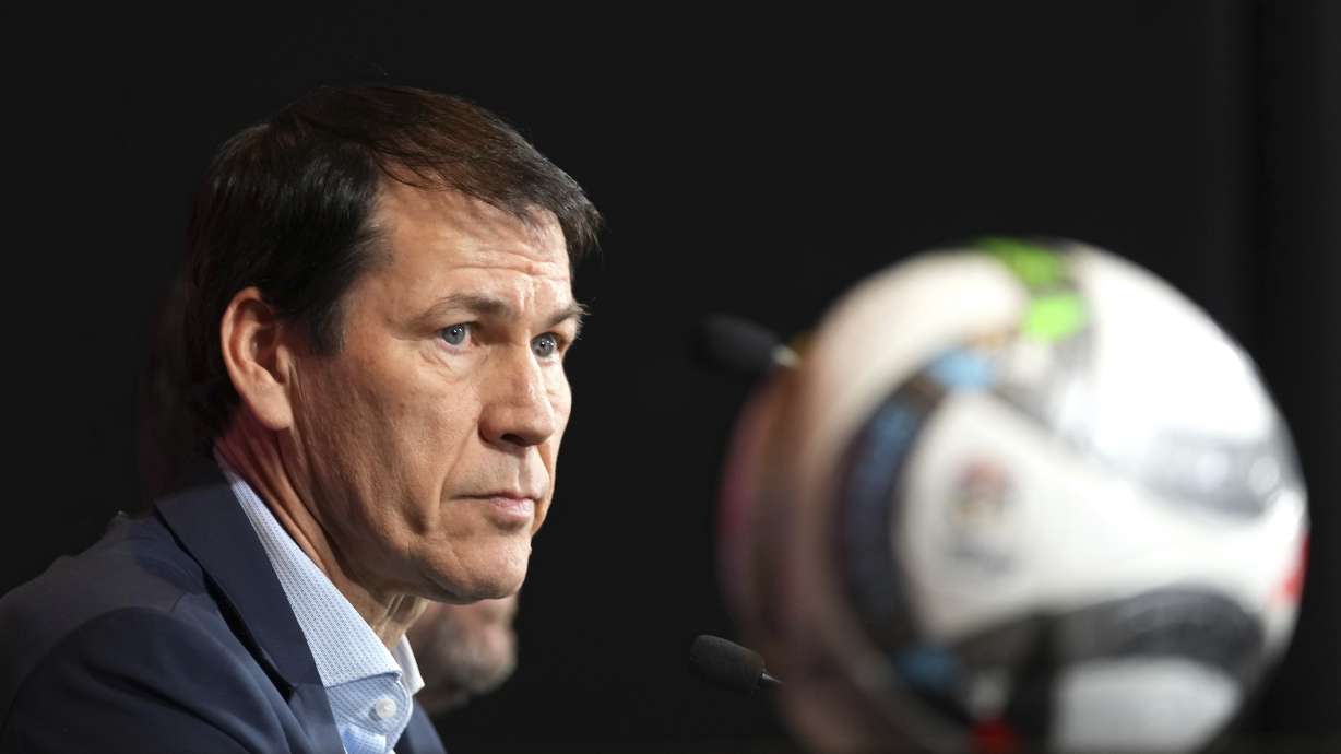 Newly appointed coach for Belgium's national team Red Devils, Rudi Garcia, addresses a media conference in Tubize, Belgium, Friday, Jan. 24, 2025.