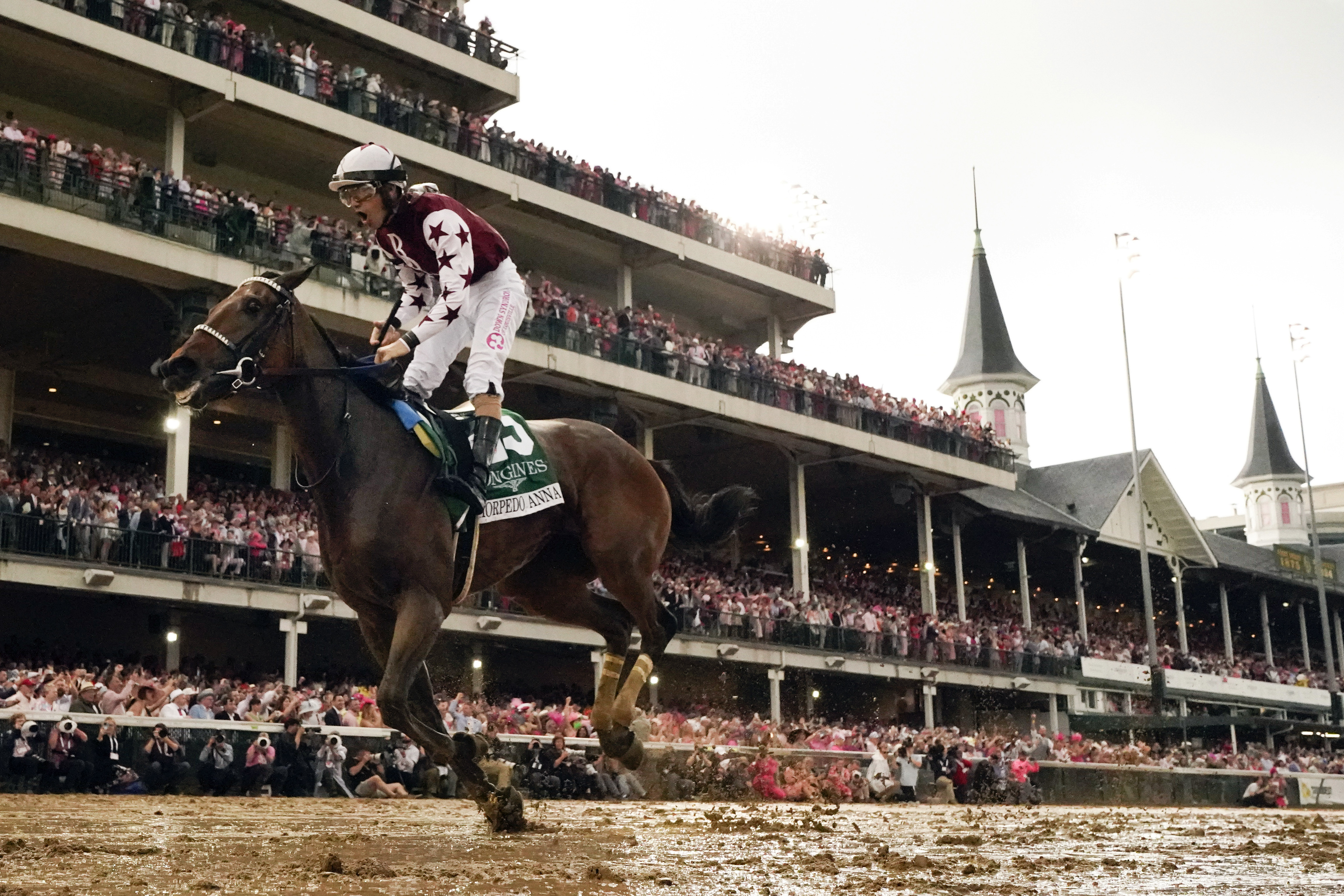 FILE - Thorpedo Anna, ridden by jockey Brian Hernandez Jr., wins he 150th running of Kentucky Oaks horse race at Churchill Downs Friday, May 3, 2024, in Louisville, Ky.