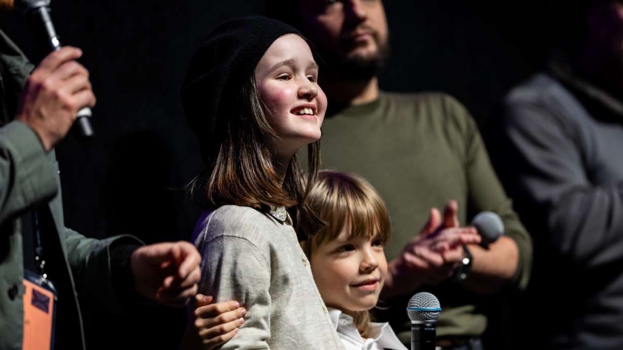Molly Belle Wright, left, and Wyatt Solis, right, speak during a Q&A following the premiere of “Omaha” during the Sundance Film Festival at The Ray Theatre in Park City on Thursday.