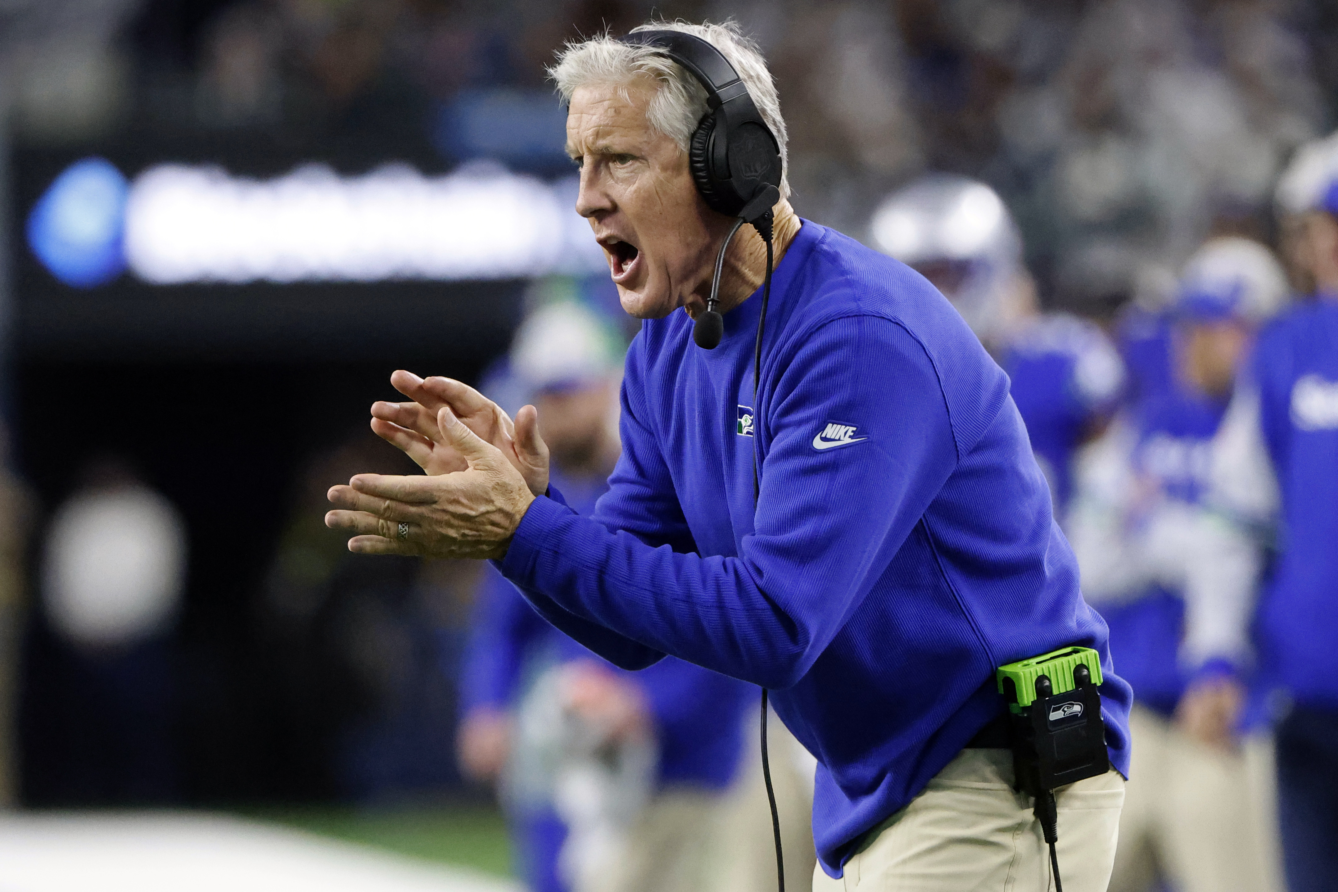 FILE - Seattle Seahawks head coach Pete Carroll watches play in the first half of an NFL football game against the Dallas Cowboys in Arlington, Texas, Thursday, Nov. 30, 2023. 