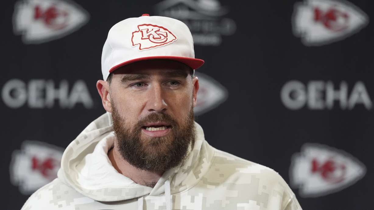 Kansas City Chiefs tight end Travis Kelce addresses the media after the team's NFL football practice Friday, Jan. 24, 2025, in Kansas City, Mo.