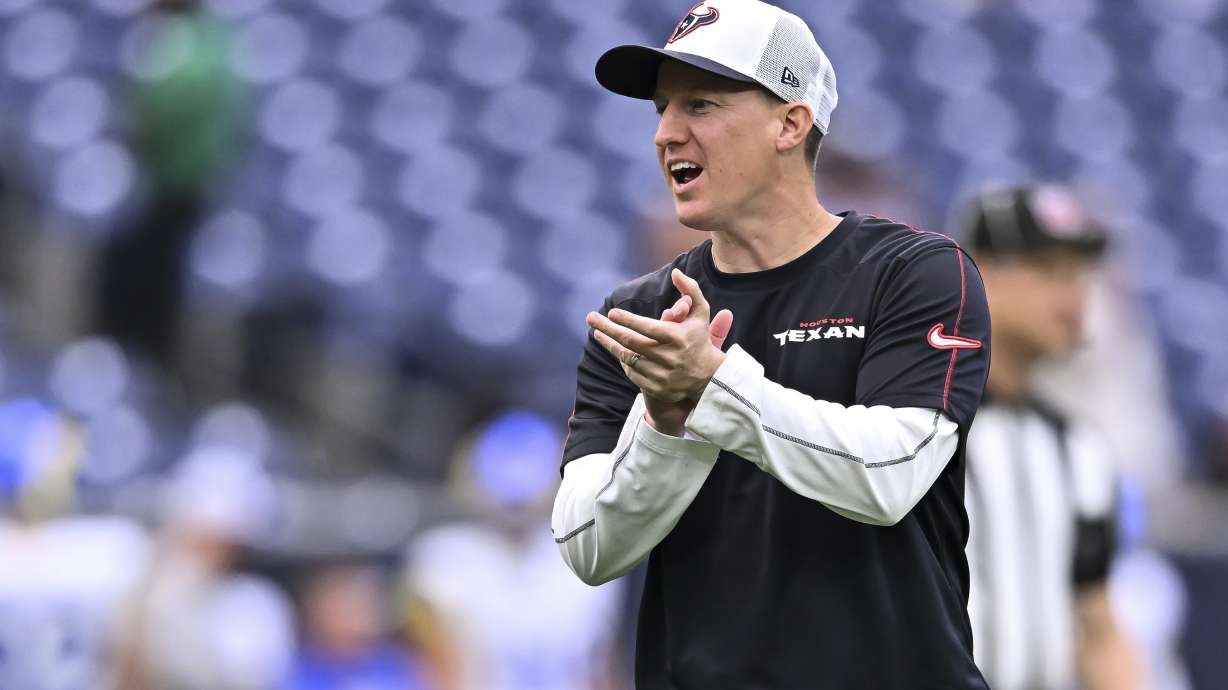 FILE - Houston Texans offensive coordinator Bobby Slowik reacts prior to an NFL football game in Houston, Aug. 24, 2024.