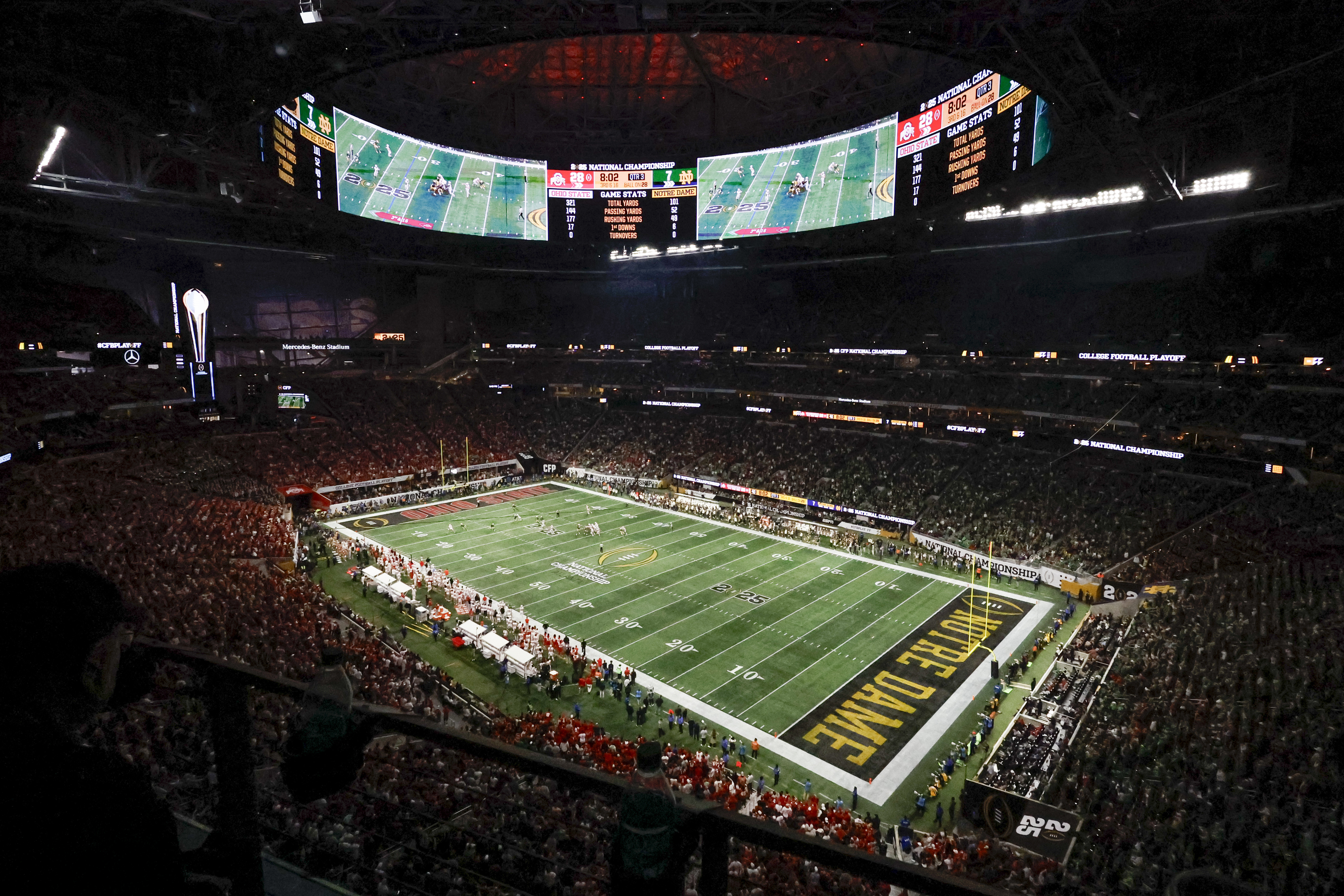 Fans watch during second half of the College Football Playoff national championship game between Ohio State and Notre Dame Monday, Jan. 20, 2025, in Atlanta.
