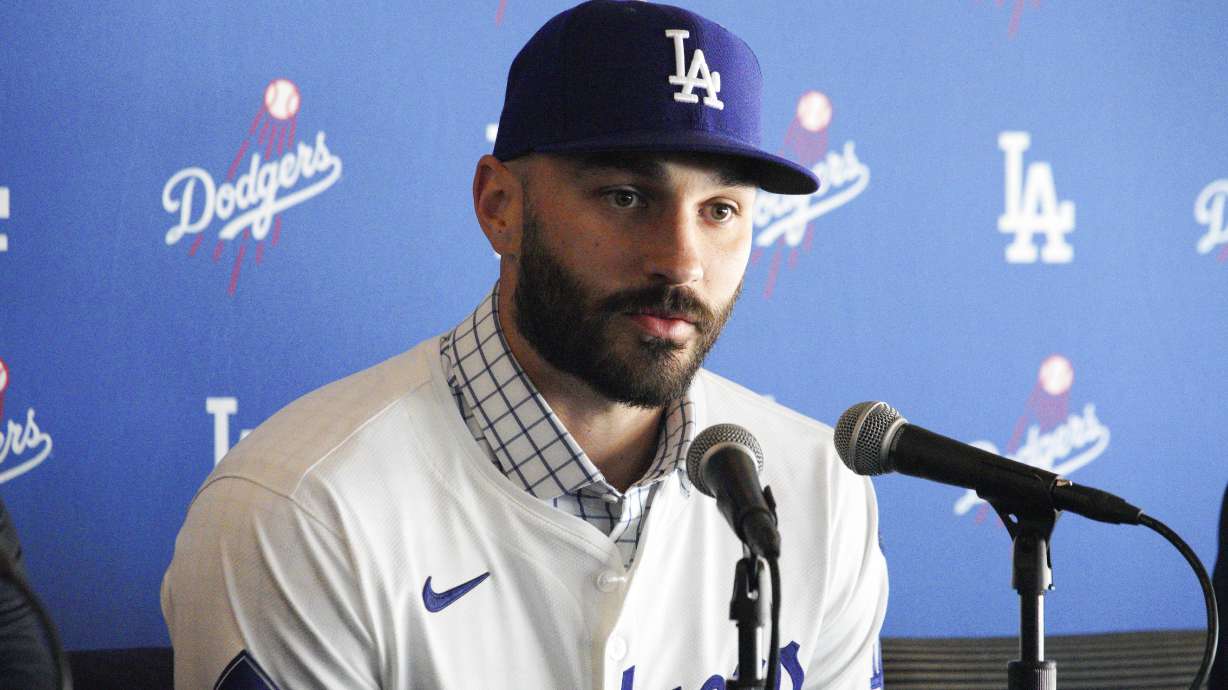 Left-handed reliever Tanner Scott answers questions during an introduction news conference at Dodger Stadium in Los Angeles on Thursday, Jan. 23, 2025.