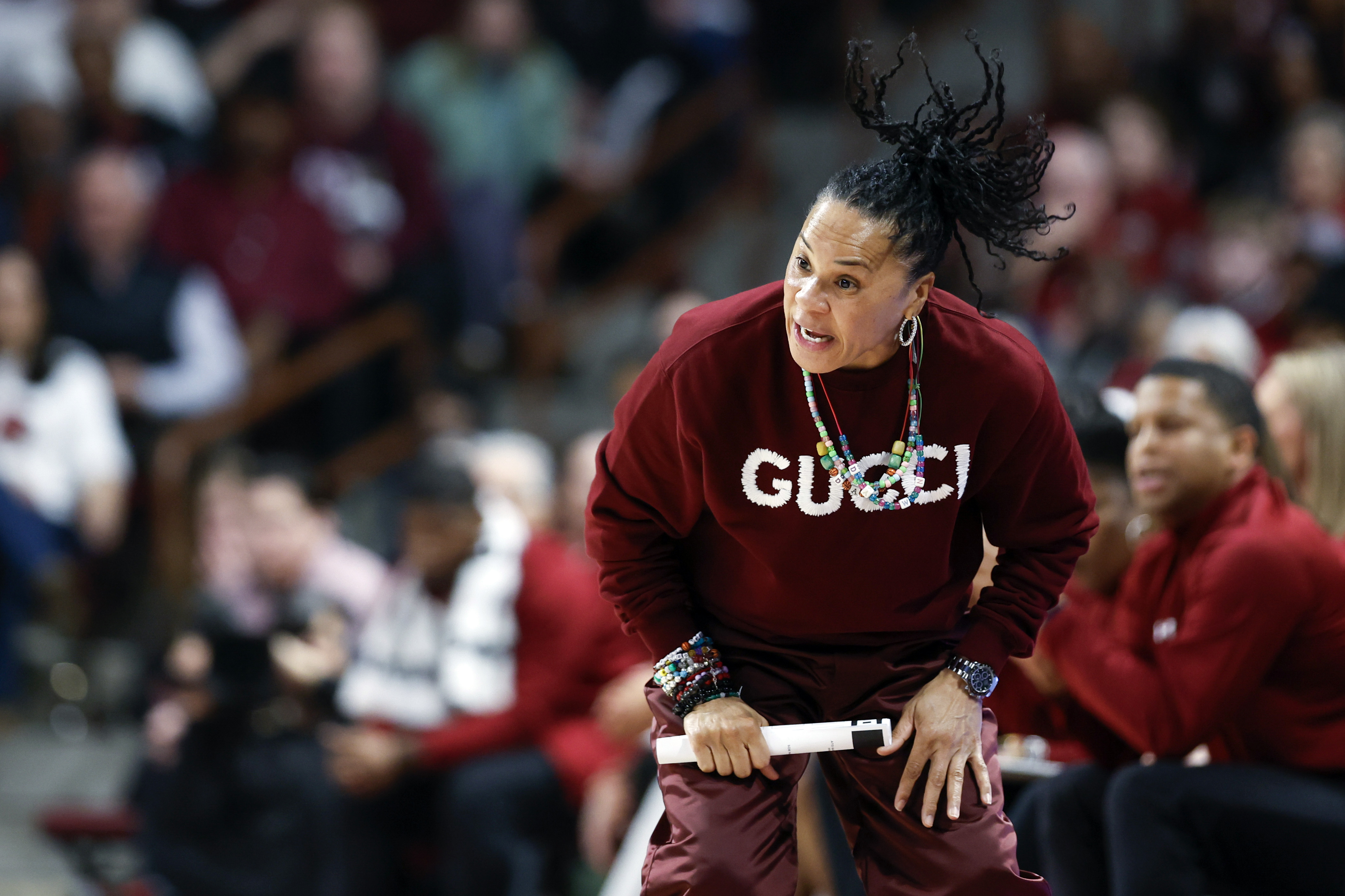South Carolina head coach Dawn Staley reacts during the first half of an NCAA college basketball game against LSU in Columbia, S.C., Friday, Jan. 24, 2025.