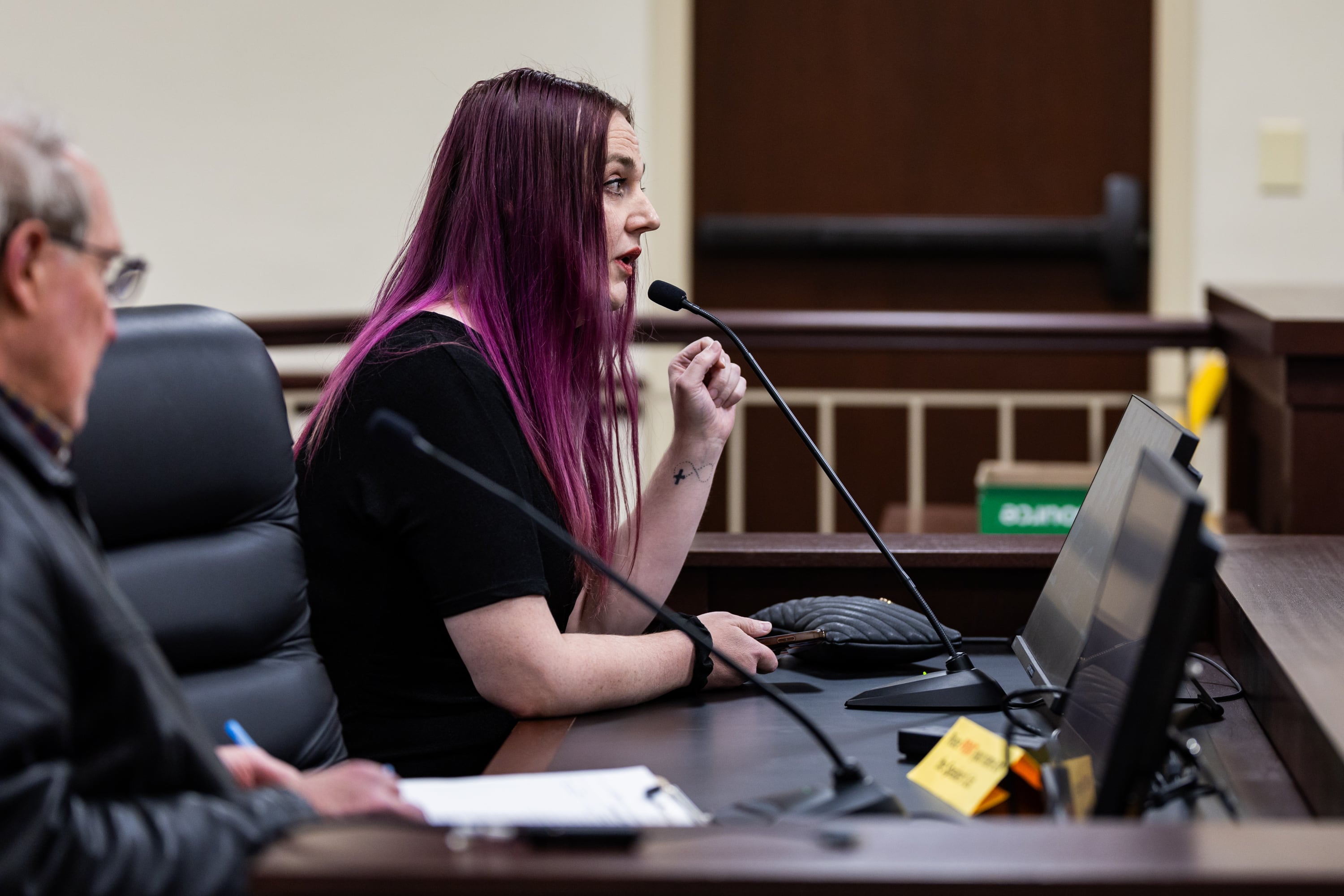 Kayla Aitken gives public comment opposing HB252 after House Majority Whip Karianne Lisonbee, R-Syracuse, sponsored HB252 in a Senate committee room at the Capitol in Salt Lake City on Friday.