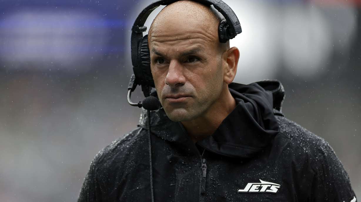FILE - New York Jets head coach Robert Saleh looks on during an NFL football game against the Denver Broncos, Sept. 29, 2024, in East Rutherford, N.J.