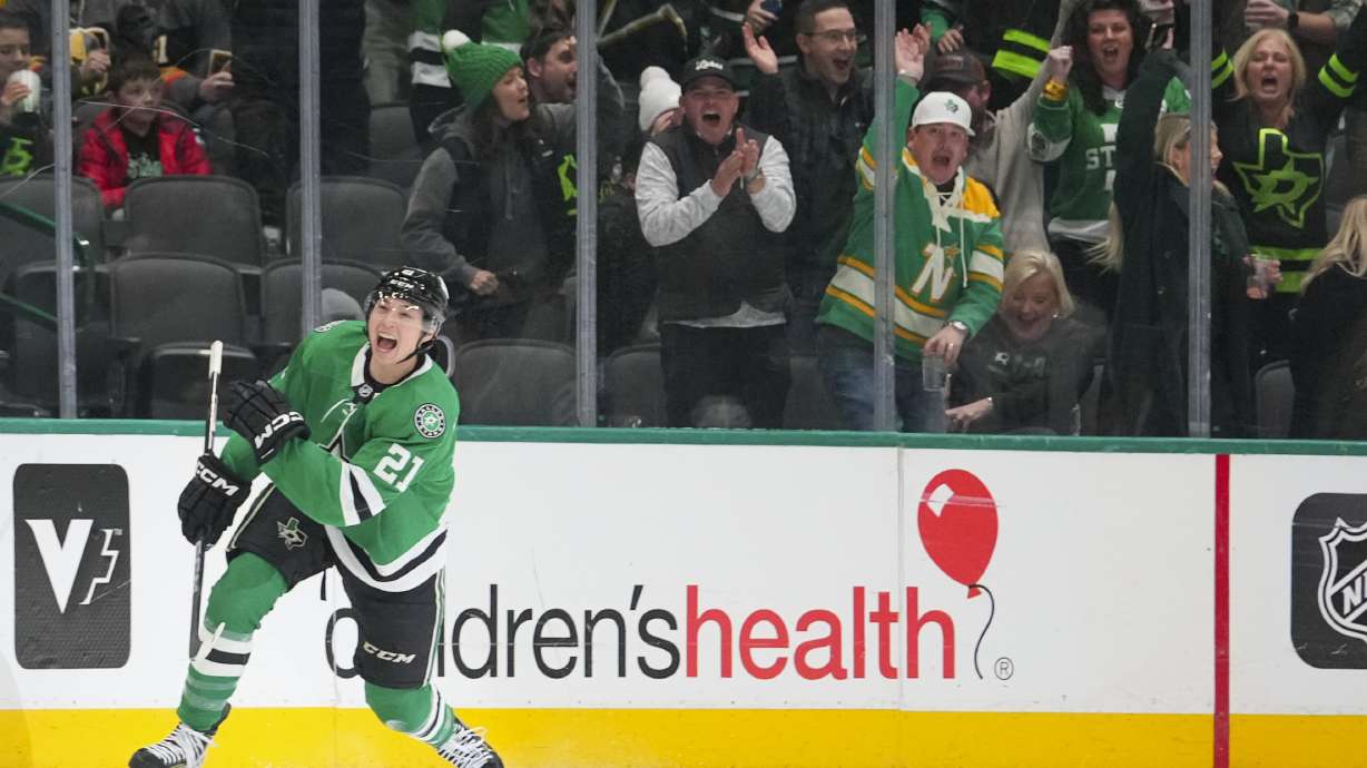 Dallas Stars left wing Jason Robertson celebrates after scoring a goal against the Vegas Golden Knights during the second period of an NHL game Friday, Jan. 24, 2025, in Dallas.