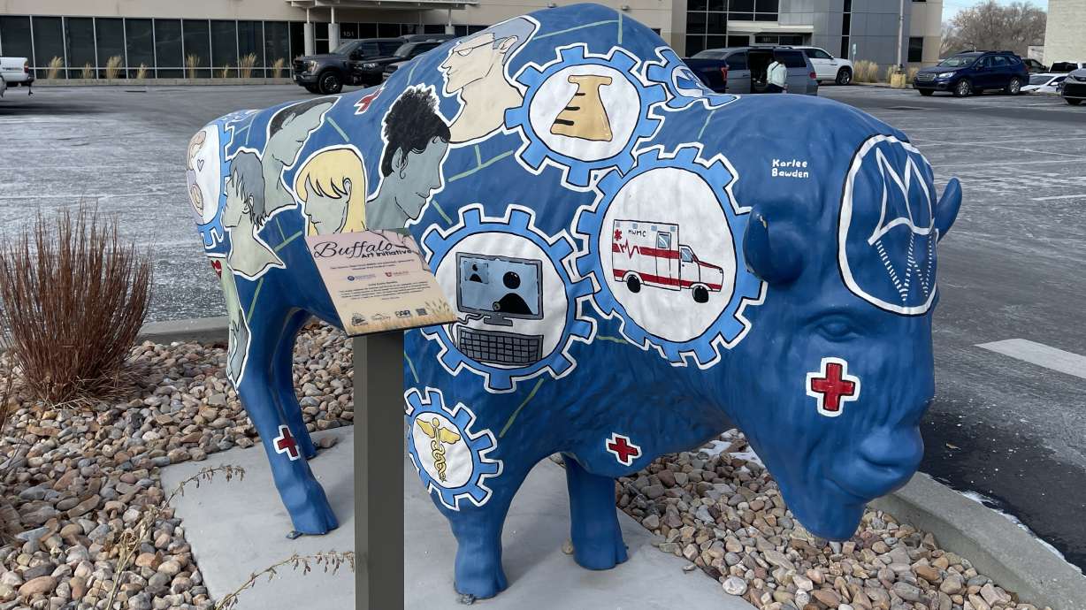 A painted buffalo sits in front of the Tooele County Health Department. The statue is part of the Buffalo Art Initiative along Historic Main Street in Tooele.
