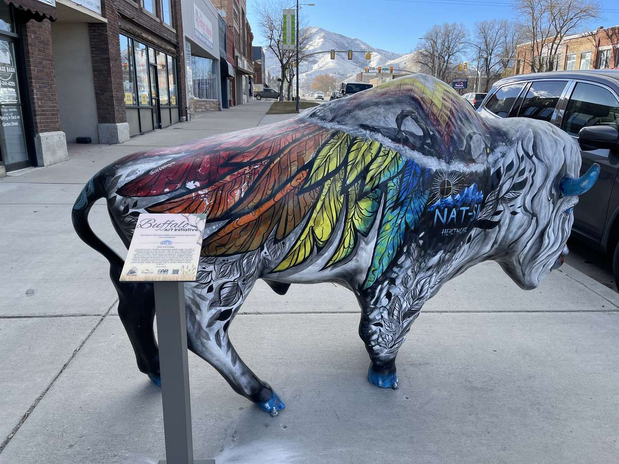 A painted buffalo sits in front of Merc Plaza. The statue is part of the Buffalo Art Initiative along Historic Main Street in Tooele.