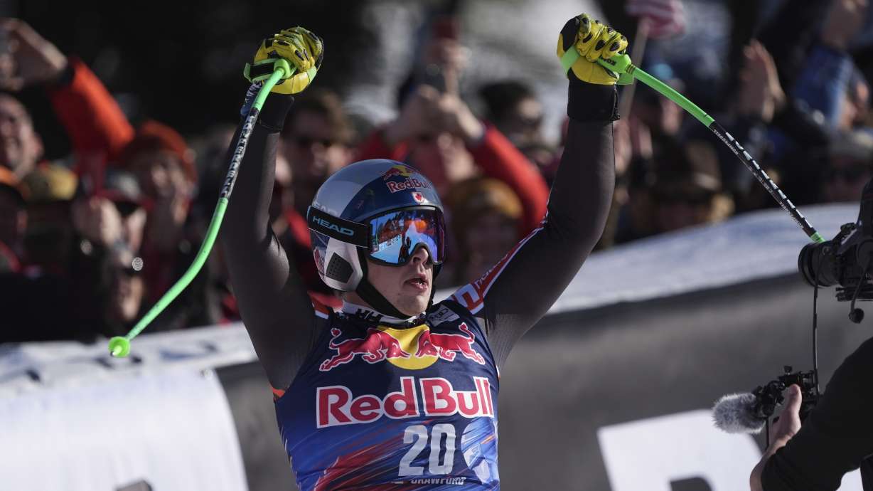 Canada's James Crawford reacts after completing an alpine ski, men's World Cup downhill in Kitzbühel, Austria, Saturday, Jan. 25, 2025.