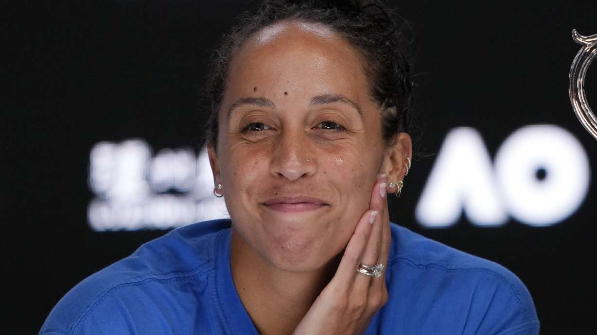 Madison Keys of the U.S. reacts during a press conference after defeating Aryna Sabalenka of Belarus in the women's singles final at the Australian Open tennis championship to win the Daphne Akhurst Memorial Cup, in Melbourne, Australia, Saturday, Jan. 25, 2025.