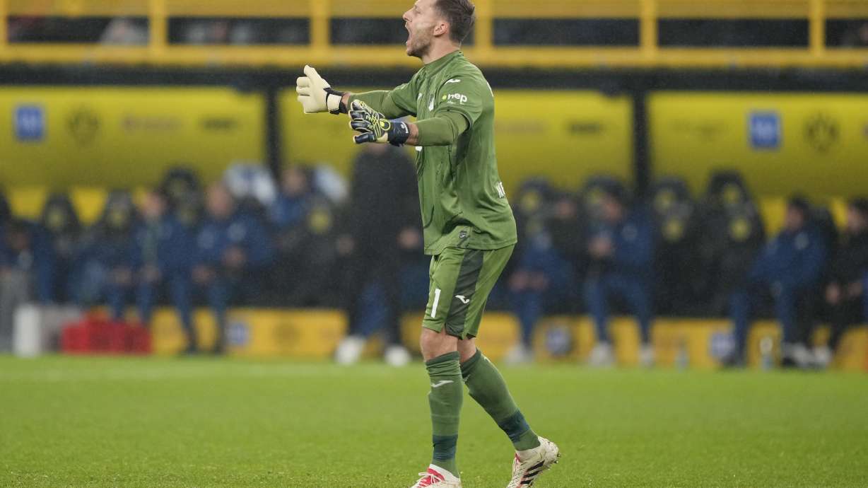 FILE - Hoffenheim's goalkeeper Oliver Baumann reacts during the German Bundesliga soccer match between Borussia Dortmund and TSG Hoffenheim at the Signal-Iduna Park in Dortmund, Germany, Sunday, Dec. 15 2024.