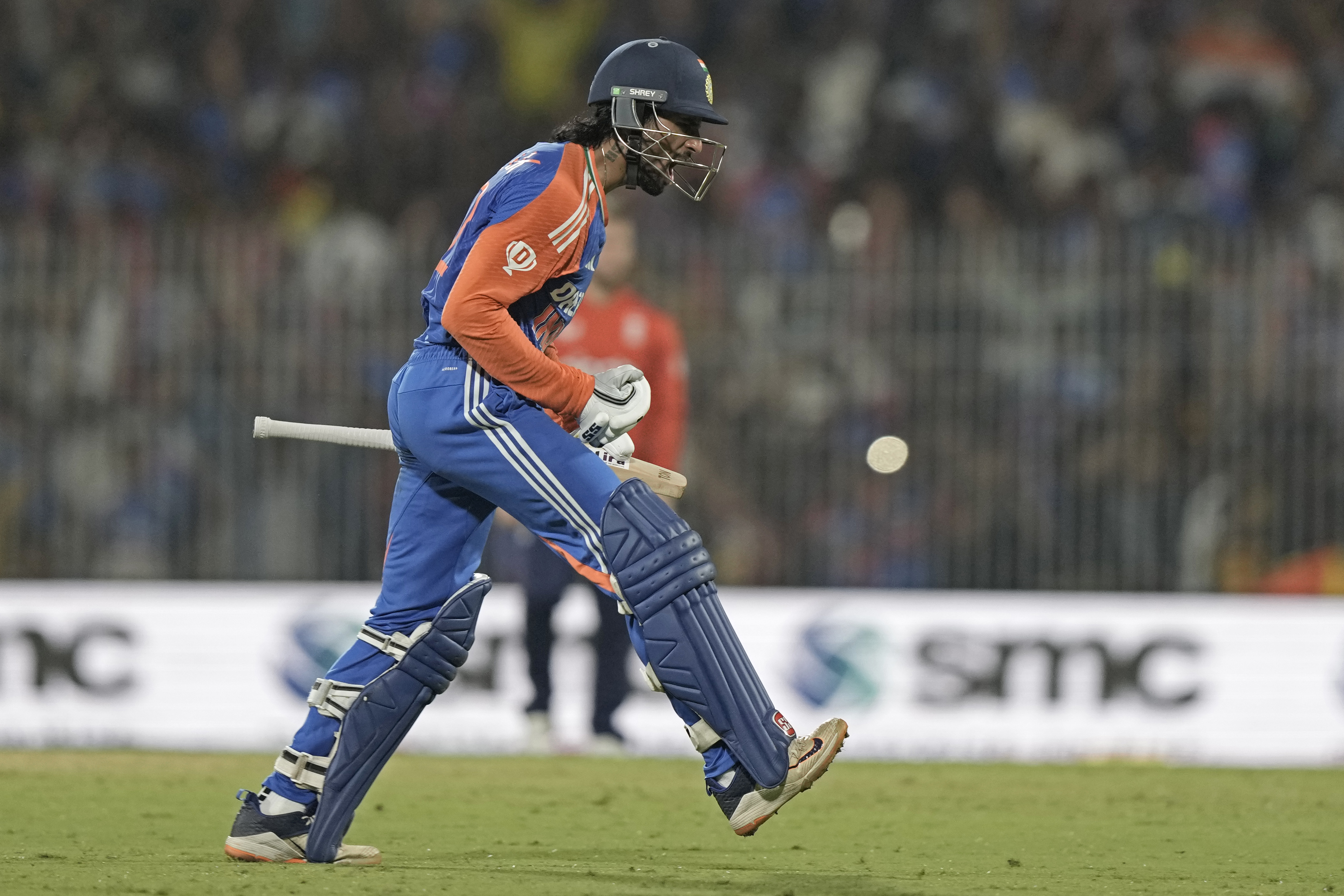 India's Tilak Varma celebrates after hitting the winnings runs during the second T20 cricket match between India and England at M. A. Chidambaram Stadium in Chennai, India, Saturday, Jan. 25, 2025. 