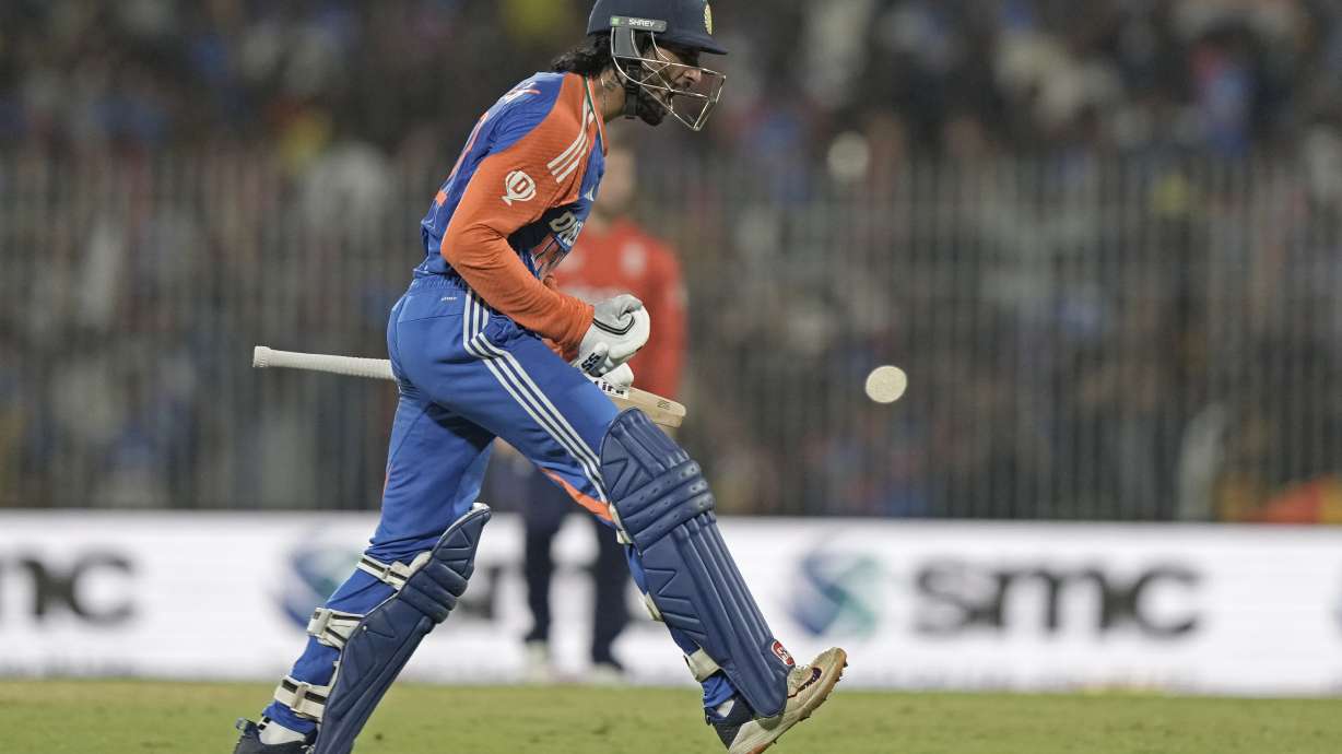 India's Tilak Varma celebrates after hitting the winnings runs during the second T20 cricket match between India and England at M. A. Chidambaram Stadium in Chennai, India, Saturday, Jan. 25, 2025.