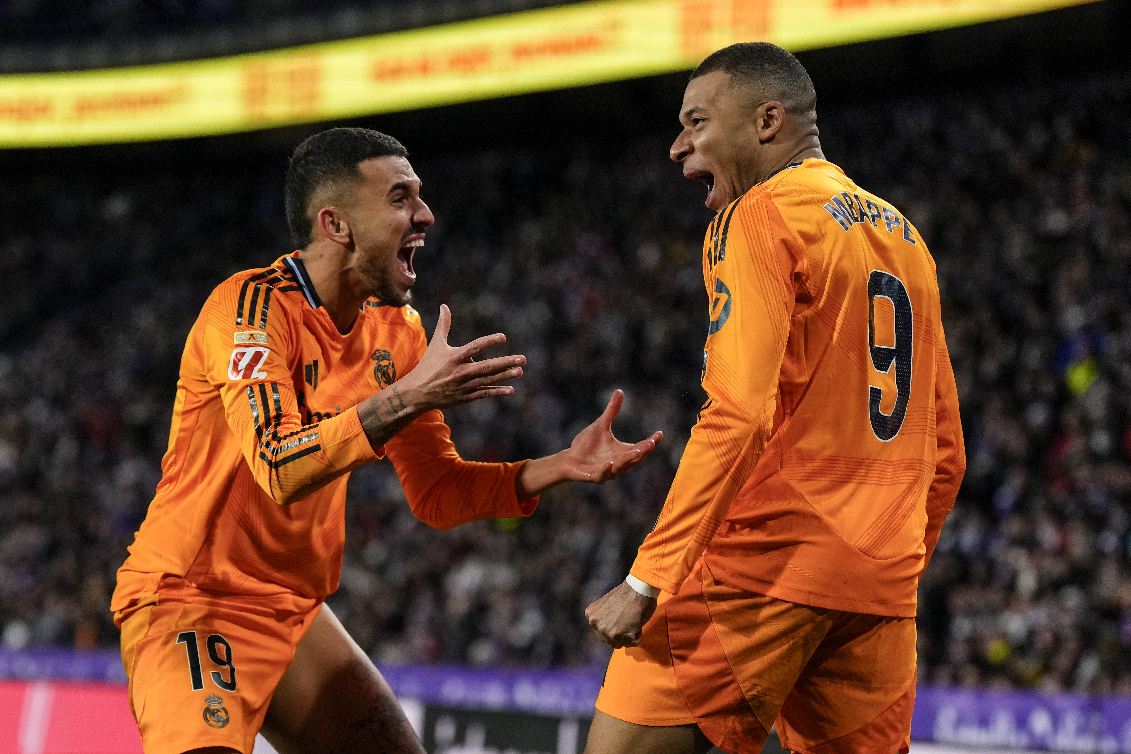 Real Madrid's Kylian Mbappe celebrates after scoring his side's second goal during the Spanish La Liga soccer match between Valladolid and Real Madrid at the Jose Zorrilla stadium in Valladolid, Spain, Saturday, Jan. 25, 2025.