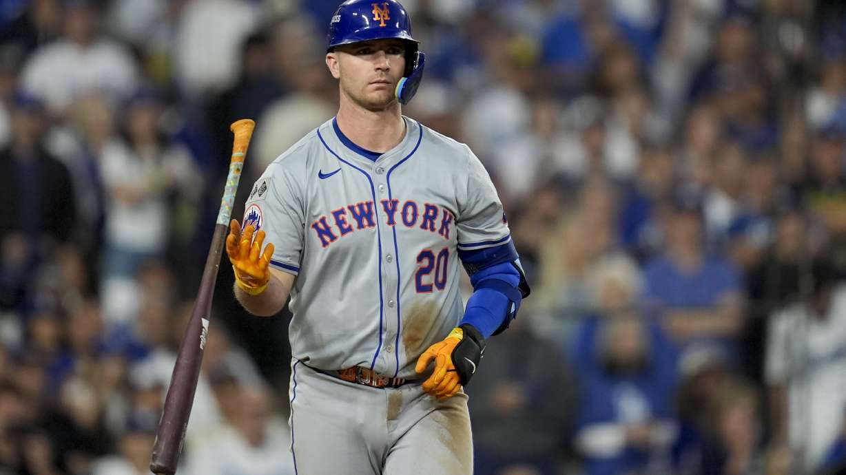 FILE - New York Mets' Pete Alonso heads to first base after a walk in the fourth inning against the Los Angeles Dodgers in Game 1 of a baseball NL Championship Series, Sunday, Oct. 13, 2024, in Los Angeles.