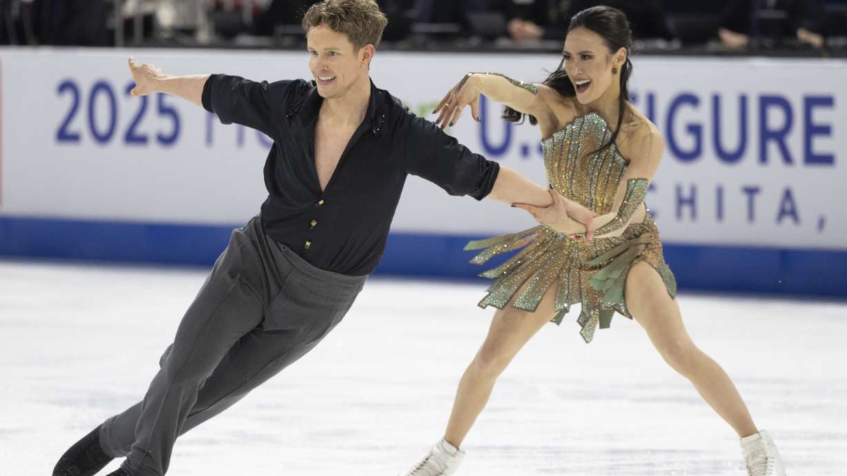Madison Chock, right, and Evan Bates, left, perform during the ice dance free dance program competition at the U.S. figure skating championships Saturday, Jan. 25, 2025, in Wichita, Kan.