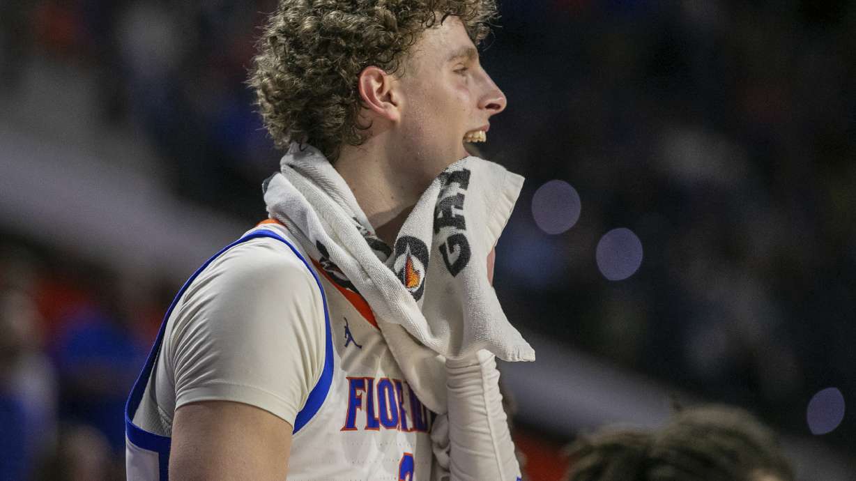 FILE - Florida center Micah Handlogten (3) anticipates the win during the second half of an NCAA college basketball game against Missouri,, Feb. 28, 2024, in Gainesville, Fla.