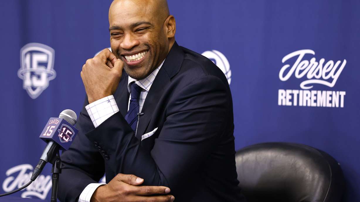 Vince Carter speaks during a pregame NBA basketball press conference before his jersey retirement ceremony at the Barclays Center, Saturday, Jan. 25, 2025, in New York.