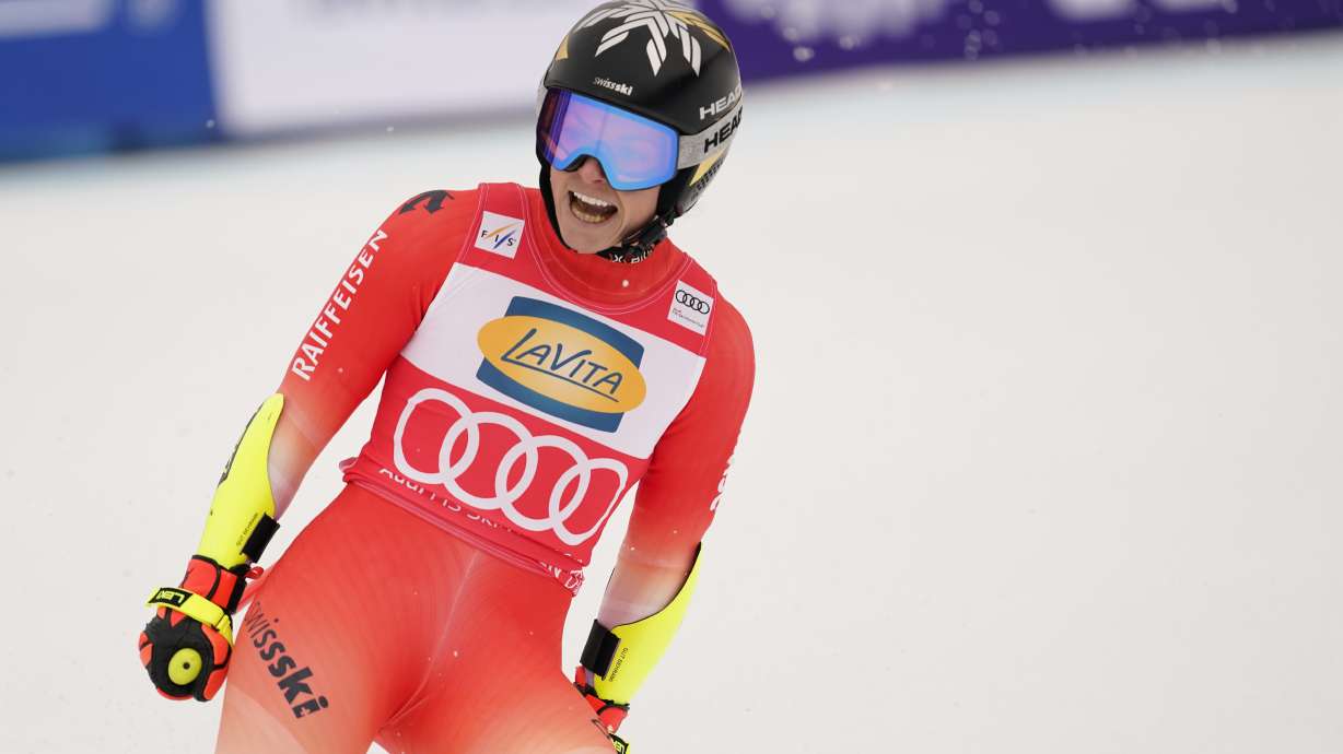 Switzerland's Lara Gut Behrami reacts after completing an alpine ski, women's World Cup super G, in Garmisch, Germany, Sunday, Jan. 26, 2025.