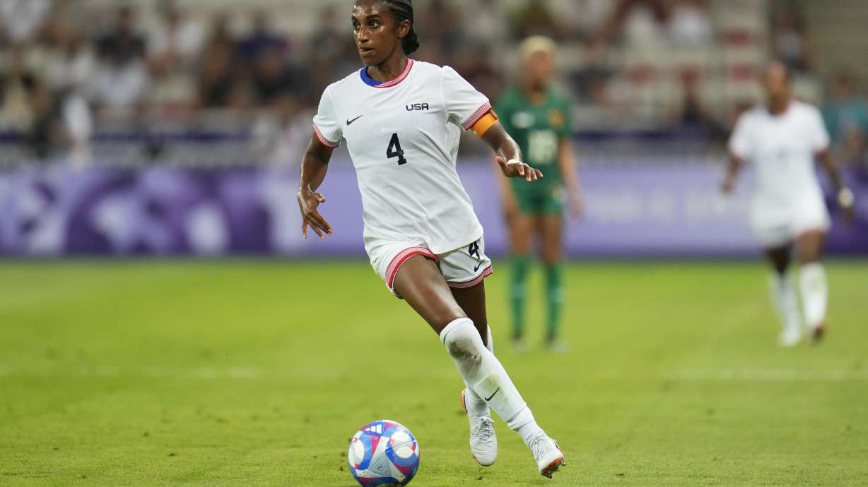 FILE - United States' Naomi Girma controls the ball during a women's group B match between the United States and Zambia at Nice Stadium at the 2024 Summer Olympics, Thursday, July 25, 2024, in Nice, France.