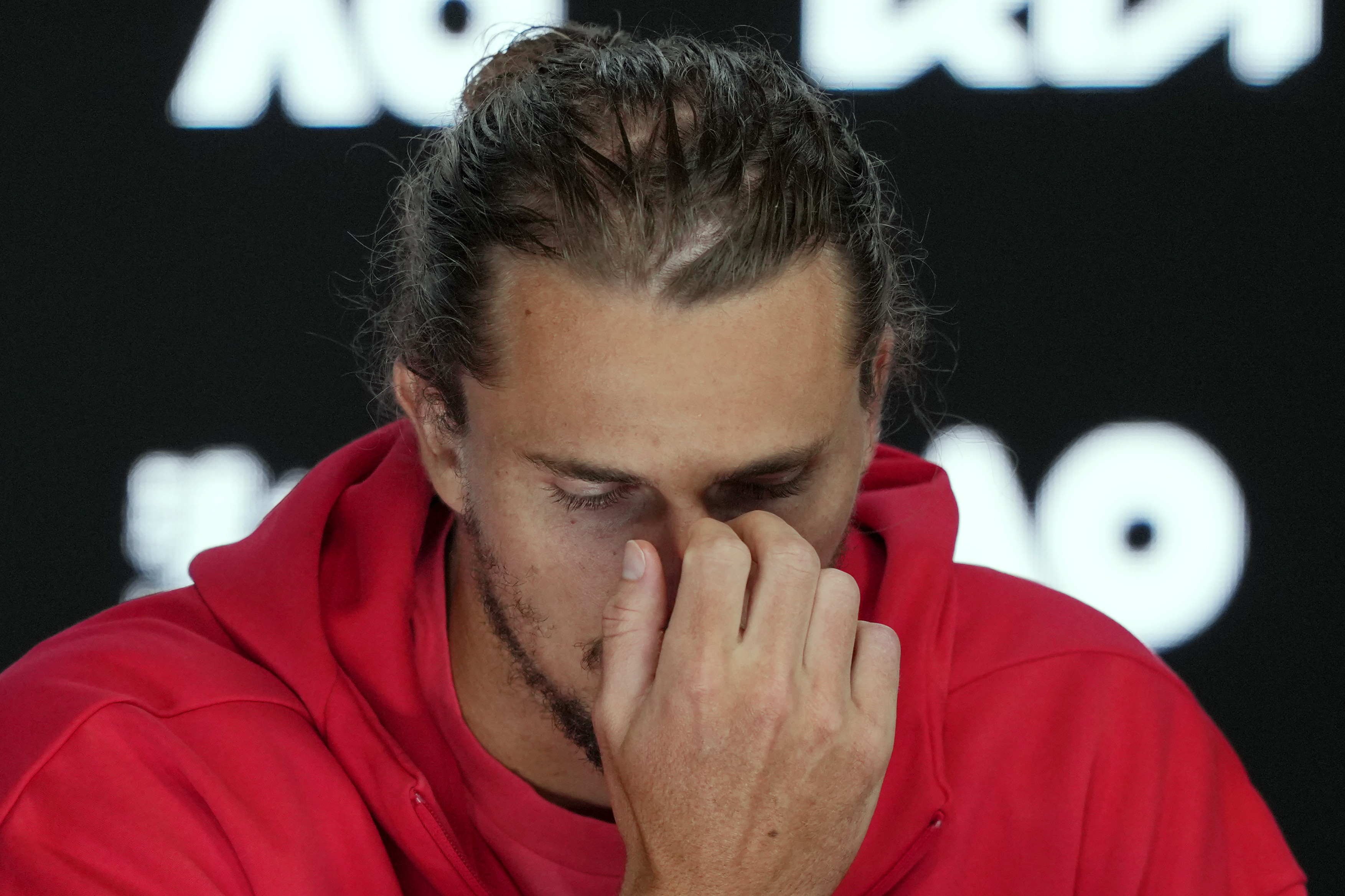 Alexander Zverev of Germany attends a press conference after his loss to Jannik Sinner of Italy following the men's singles final at the Australian Open tennis championship in Melbourne, Australia, Sunday, Jan. 26, 2025.