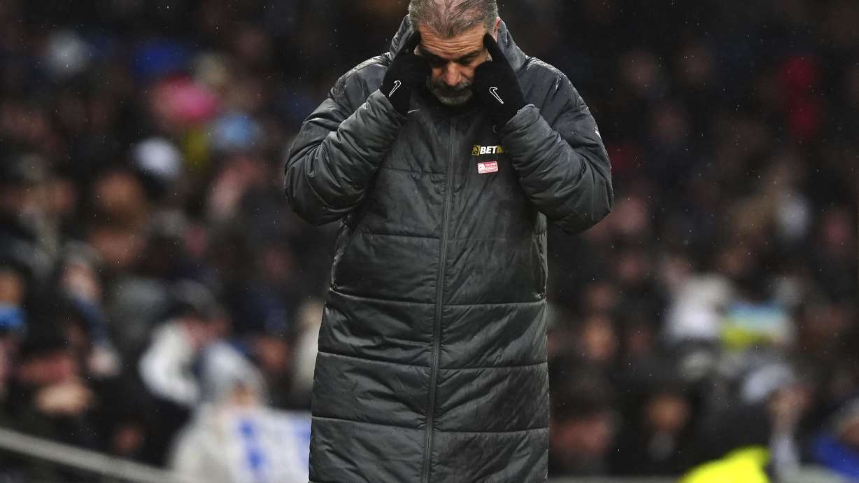 Tottenham Hotspur manager Ange Postecoglou reacts after Leicester City's Bilal El Khannouss scores his side's second goal of the game, during the English Premier League soccer match between Tottenham Hotspur and Leicester City, at Tottenham Hotspur Stadium, London, Sunday, Jan. 26, 2025.