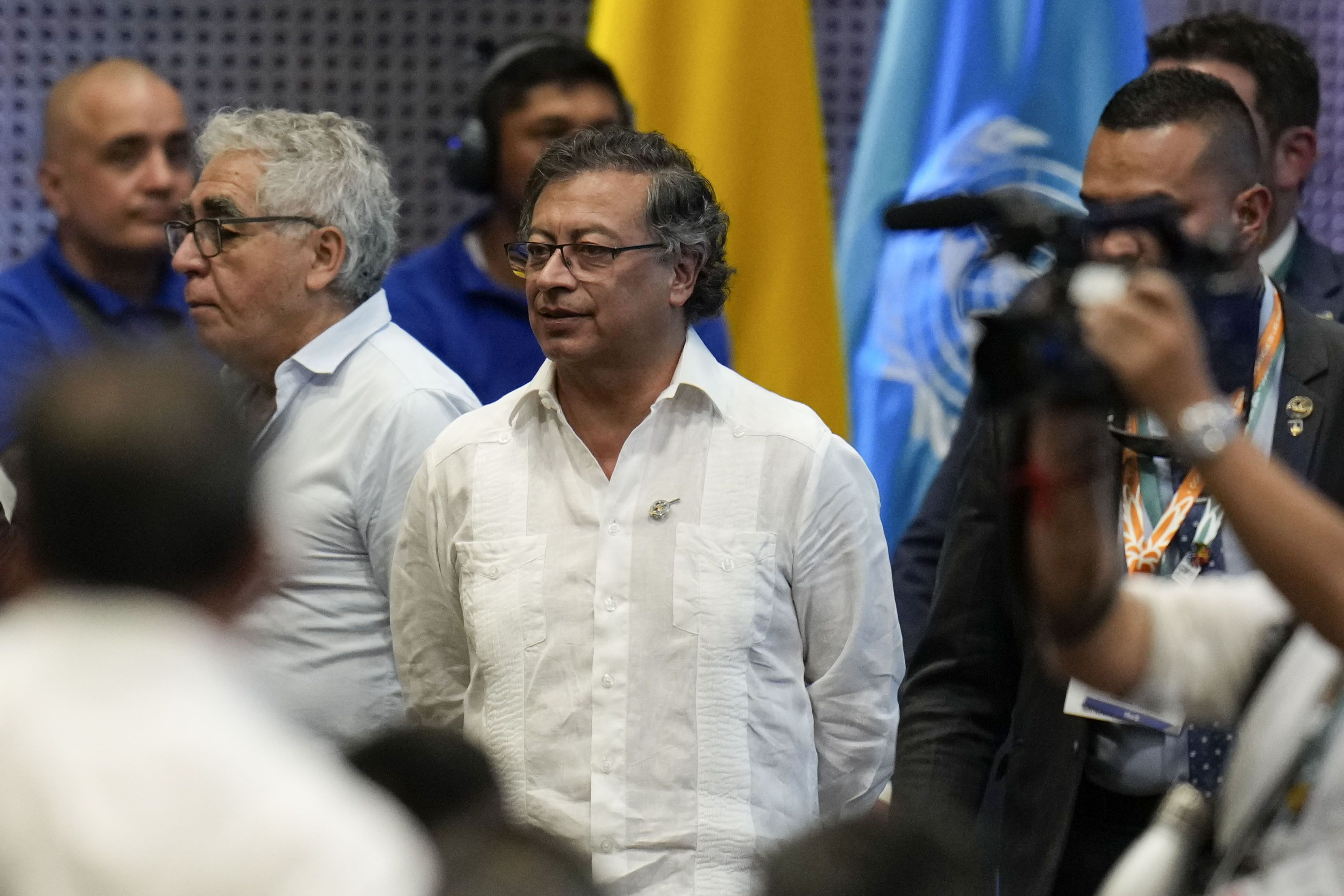 Colombia's President Gustavo Petro arrives at a United Nations' biodiversity conference, in Cali, Colombia, Oct. 20, 2024. Petro averted an economic disaster at the 11th hour after diplomats from his government and the U.S. reached a deal on deportation flights.