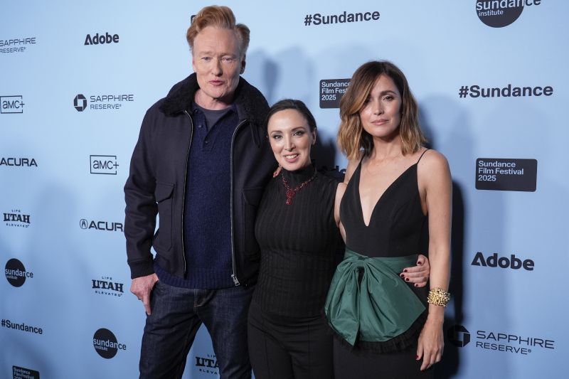 Conan O'Brien, from left, Mary Bronstein, and Rose Byrne attend the premiere of "If I Had Legs I'd Kick You" during the Sundance Film Festival on Friday at Library Center Theatre in Park City.